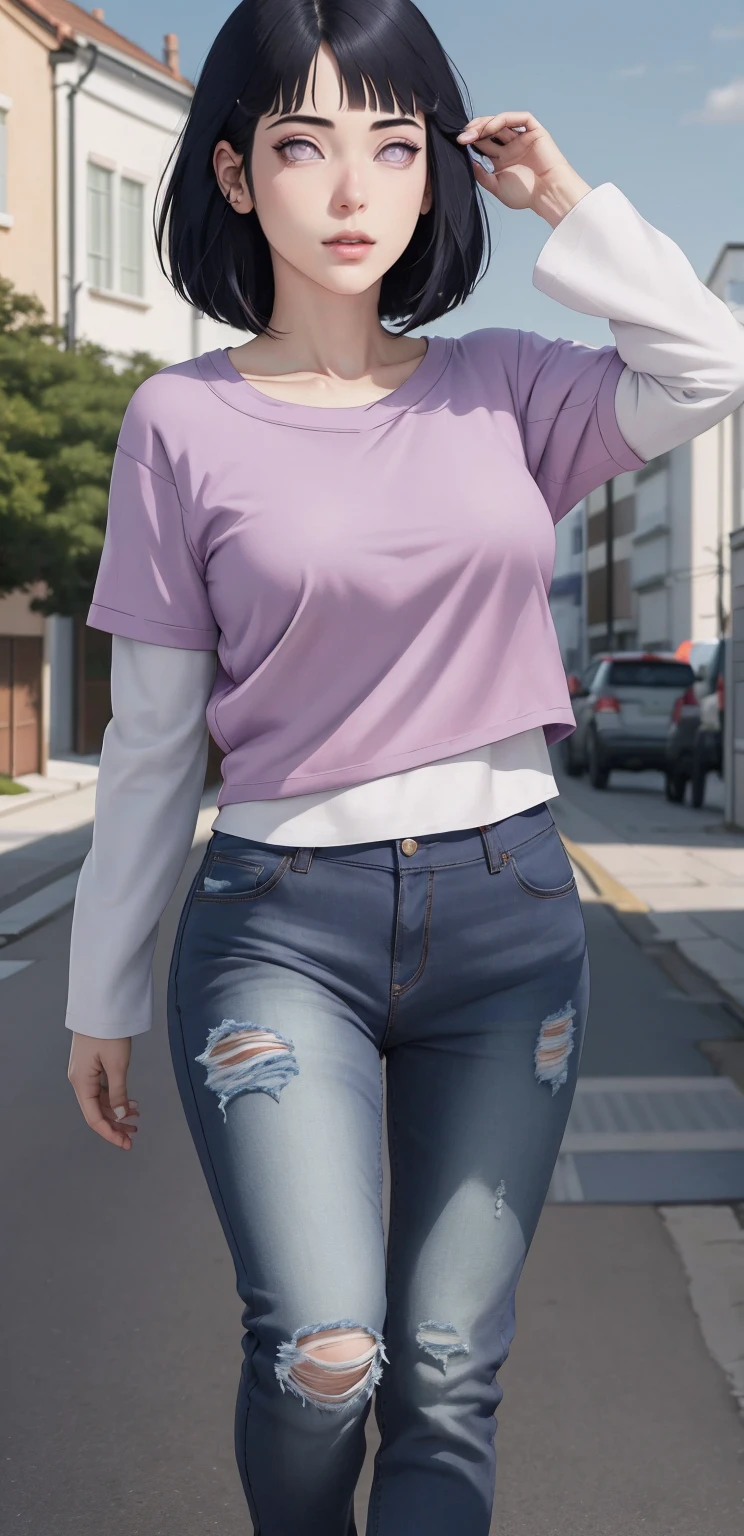 { - anatomy error}(Masterpiece - Ultra-detailed, very high resolution) , absurdos, Hinata\(Boruto\), 1girl, sozinho,Mature female, Capuz roxo,mangas em camadas, jeans, ao ar livre, Cloudy sky, perfect composition, circunstanciado lips, peito grande, beautiful face, body propotion, corar, (pink lips), cabelos pretos curto (black hair), lilac eyes, olhar suave, super realistic, circunstanciado, Photo Session, rosto e corpo realistas, Realistic hair, olhos realistas, nariz realista, realistic lips, anime, walking with lilac shoes.