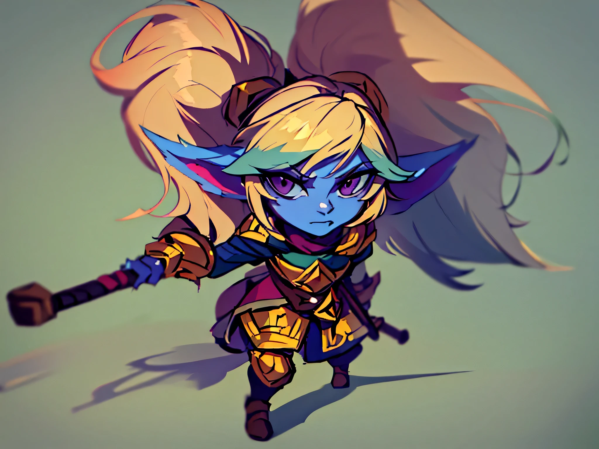 Tristeza no olhar, there&#39;s one with blonde hair and a blue face holding a gigantic hammer, poppy, fofa, yordle, arte oficial splash, Estilo de arte de League of Legends, de League of Legends, Arte estilo League of Legends, iconic character splash art, arte de splash do personagem, Astri Lohne, Arte do personagem de League of Legends, Personagem de League of Legends, fantasia estilo de arte hearthstone, campo de batalha, brava e fofa, forte,/cores predominantes roxo e preto
