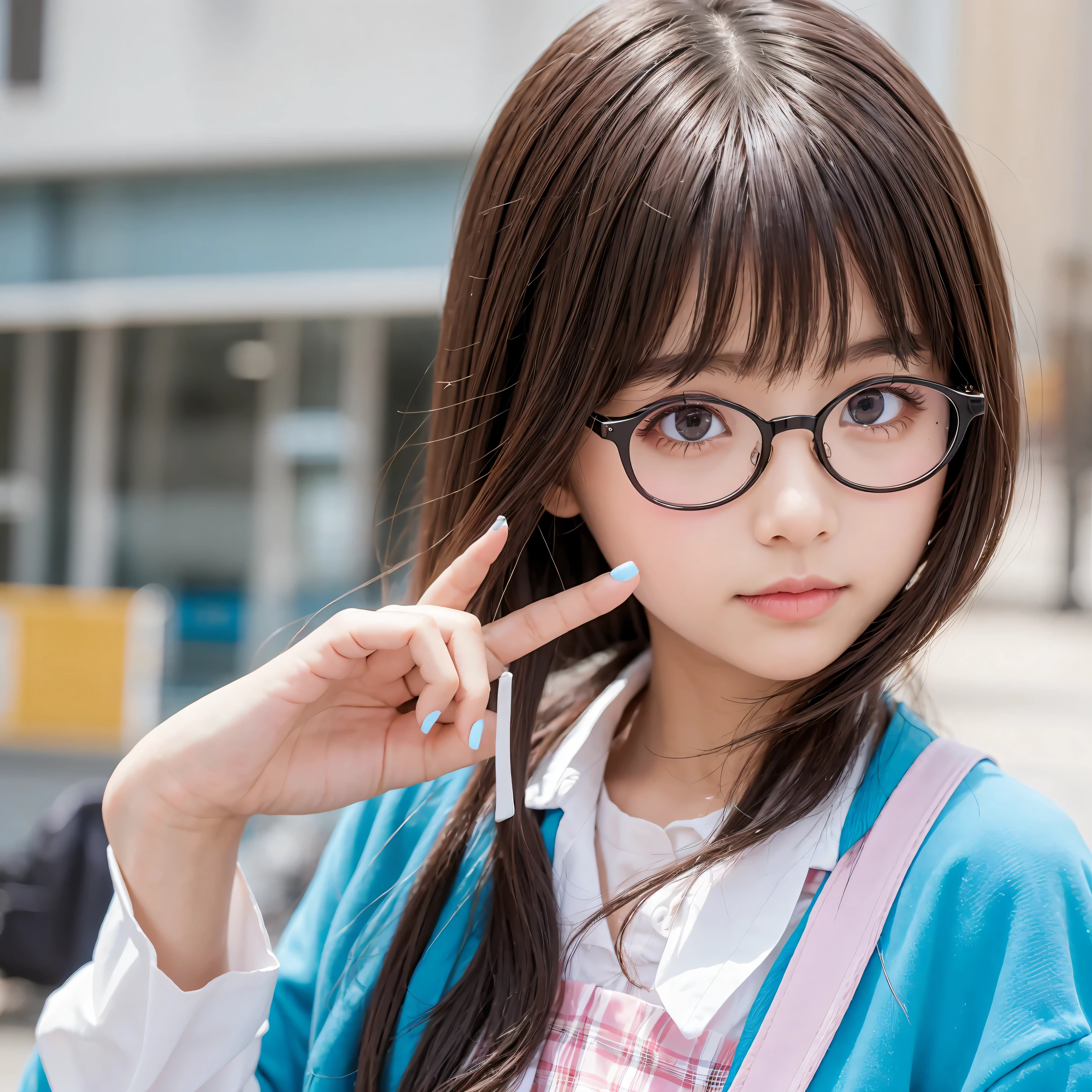 Cute glasses, colored contact lenses, elementary school girl