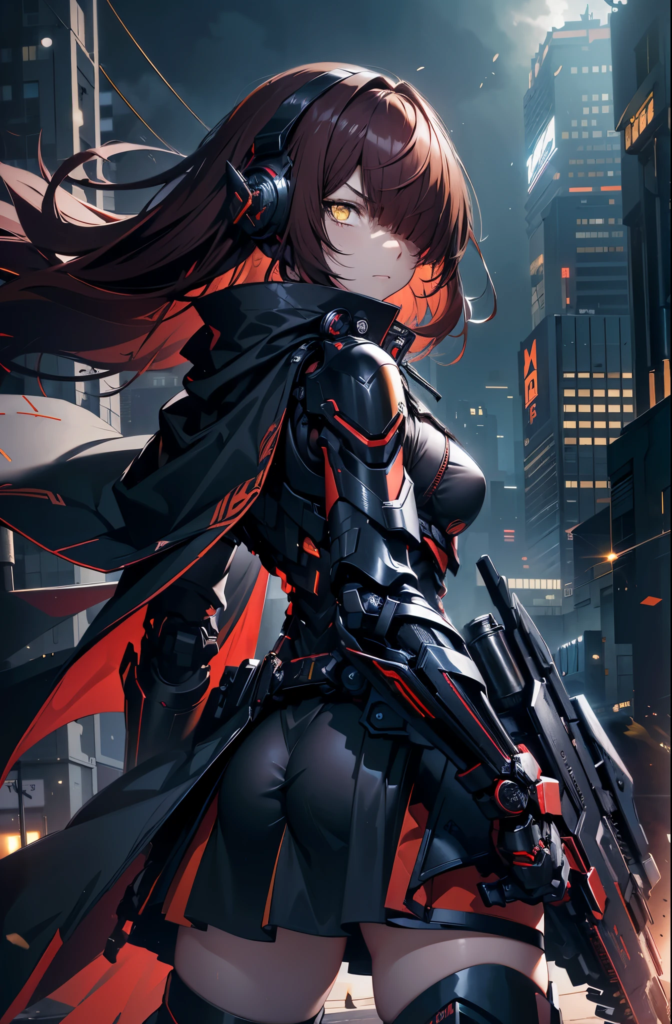tactical night ninja girl, ((yellow eyes)), (long blunt dark red hair), (((bangs covering over one eye))), (mechanical headphones), ((angry expression)), highly detailed, (sleek dark blue and red high-tech tactical power armor with a black cape cloak skirt), (back turned pose), ((looking behind her)), (rooftop in a well light futuristic sci-fi cyberpunk city), best quality, sharp well-defined linework, high quality, 8k professional picture