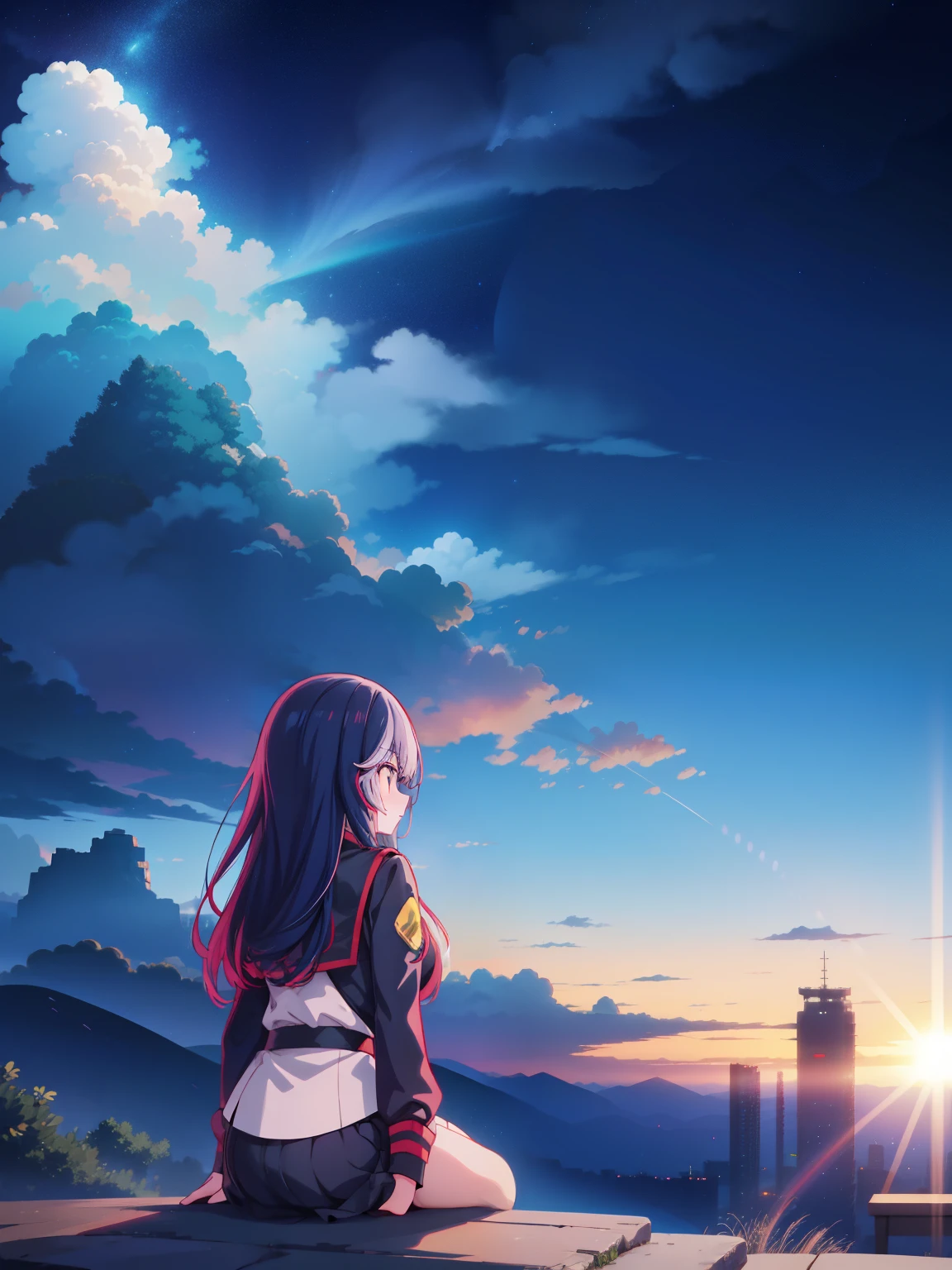 shinkai Mokoto and Ghibli anime style, from behind,above the cloudthree girls and a boy are standing in front of a night sky, girls frontline universe, guweiz on pixiv artstation, girls frontline cg, 4 k manga wallpaper, artwork in the style of guweiz, best anime 4k konachan wallpaper, kantai collection style, guweiz on artstation pixiv, guweiz, girls frontline style l in adventure outfit sitting on a mossy stage looking at the majestic lost city and the giant world tree next to it, lost city above the cloud and towering sky, magical glowing partical, vibrant dreamy colorful sky and fluffy clouds, books, apple, glasses, calm,petal,wind blowing hair,sun shine