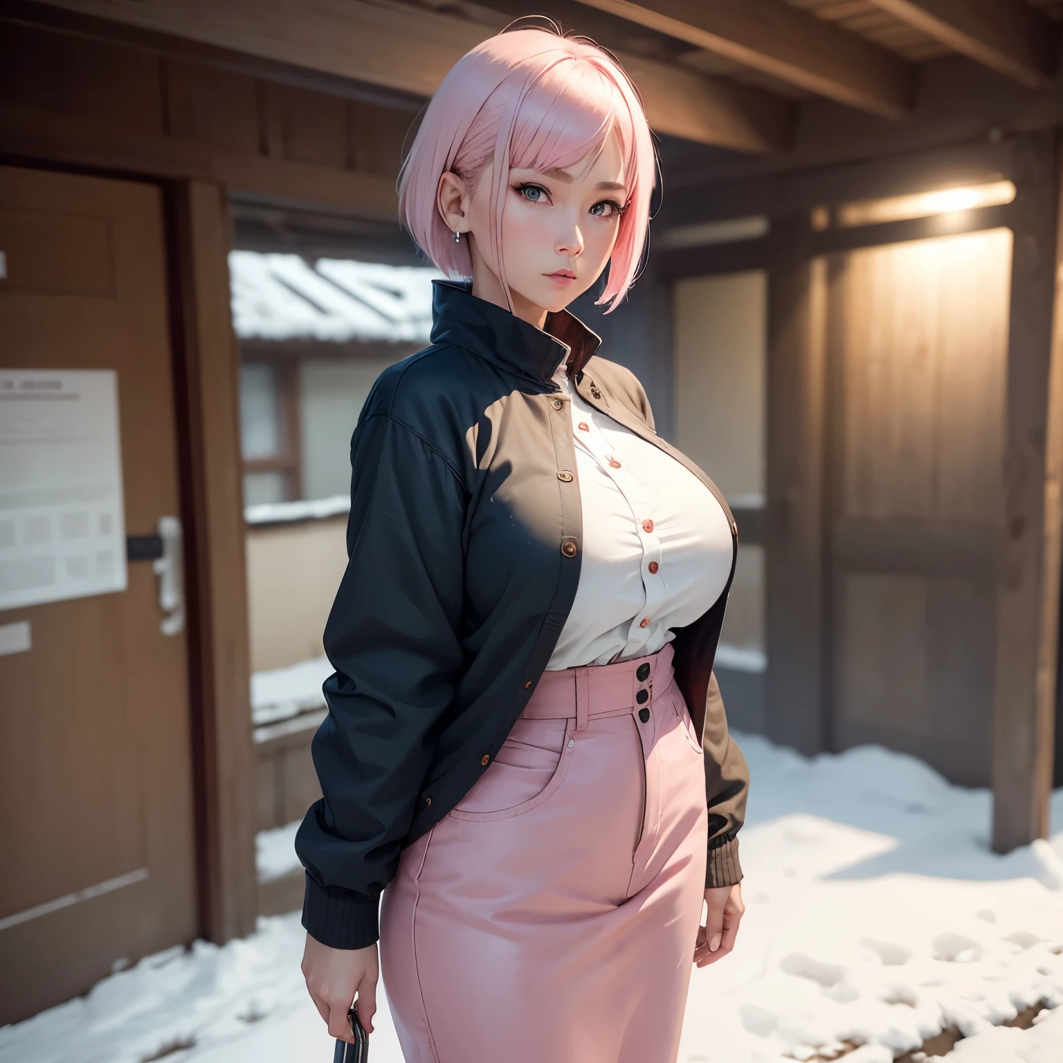 8k, masterpiece, best quality, realistic, higly detailed, cowboy shot, 1girl, solo, Ichika Nakano, very short hair that has a single long strand on the right side, white-pink hair, a single earring, dark blue eyes, average height, well-endowed figure, large breasts, cute, Winter Clothes