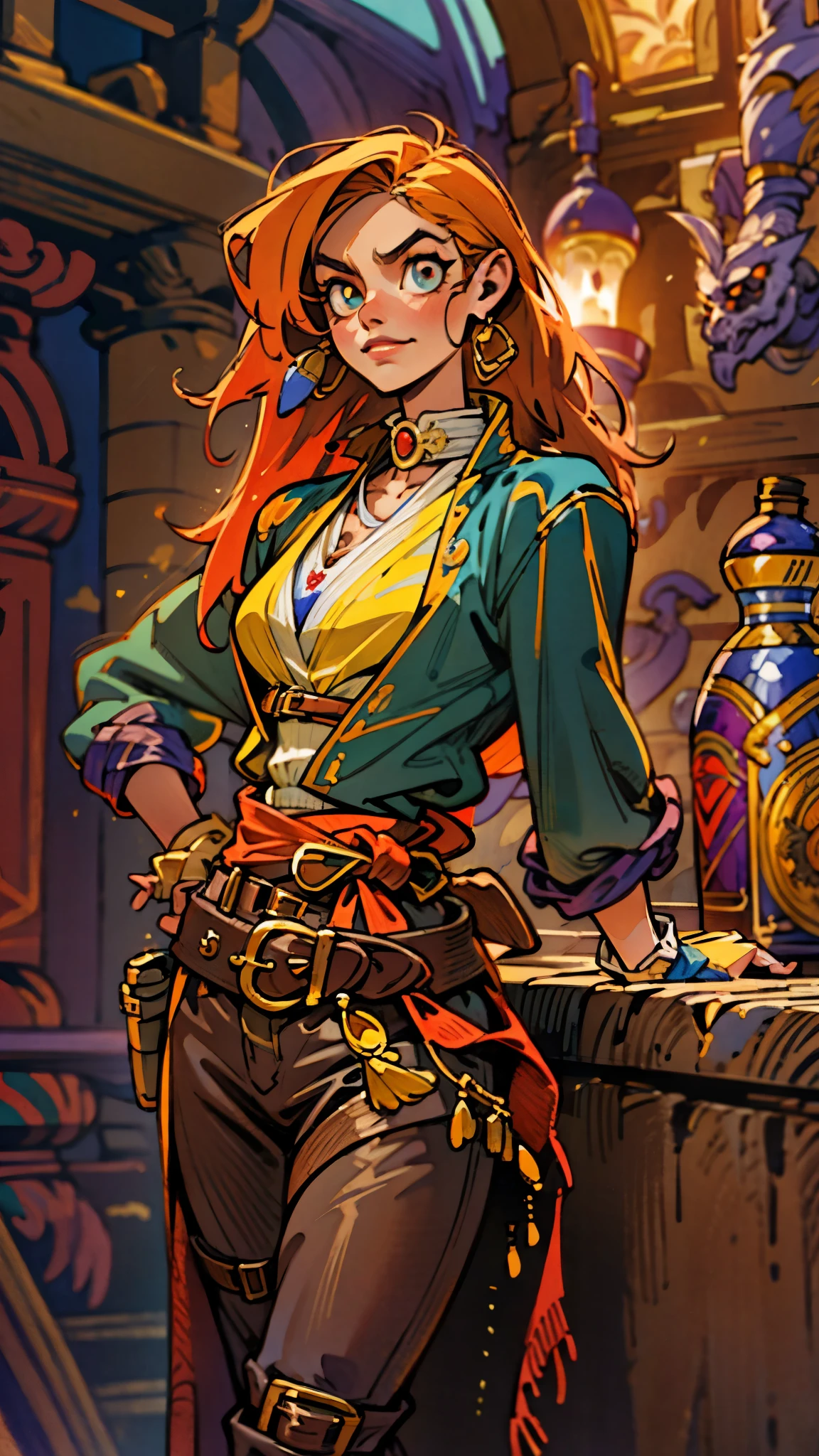 A beautiful woman with flowing orange long hair, exquisite facial features, a playful smile, confident eyes, a tall figure, a two-piece fantasy-style pirate robe coat, yellow as the main color, complemented by red accents, long wrist guard gloves on her hands, a gold belt around her waist with a short hem, leather pants, knee-high boots, standing with her hands on her hips in front of a fantasy medieval-style port tavern, this character embodies a finely crafted fantasy-style female pirate in anime style, exquisite and mature manga+comic art style, methurlant, high definition, best quality, highres, ultra-detailed, ultra-fine painting, extremely delicate, professional, anatomically correct, symmetrical face, extremely detailed eyes and face, high quality eyes, creativity, RAW photo, UHD, 8k, Natural light, cinematic lighting, masterpiece-anatomy-perfect, masterpiece:1.5
