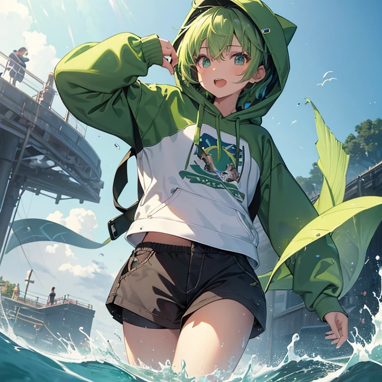 (masterpiece), (highest quality), (Super detailed), A girl with a thin and large fish caudal fin、light green slightly short hair、A baggy gray hoodie with a green fish logo、Wearing a hood、bright green round eyes、open your mouth and laugh、shorts、water splashes on the sea surface、bonito