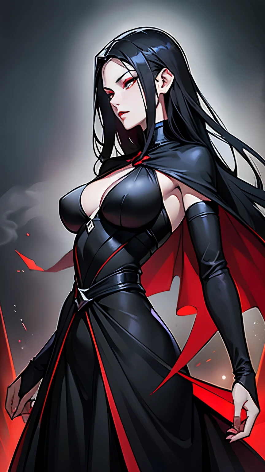 1 girl, (Masterpiece), dynamic lighting, dynamic colors, (scenery), best pose, (fantasy setting), female, (((milf, small head, small eyes, angular face, angular chin, long face, mature face, mature))), (human), (jet black colored hair, long sleek hair, sleek hair, scarlet red colored eyes, glowing eyes), sparkly eyes, (super expressionless, super expressionless eyes, super confident pose, super expressionless expression), (((long dress made out of black smoke, all black dress, black dress, full dress, covered))), (((big breasts))), ((tall, lengthy body, deathly pale, scarlet red lips, slim waist, slim)),