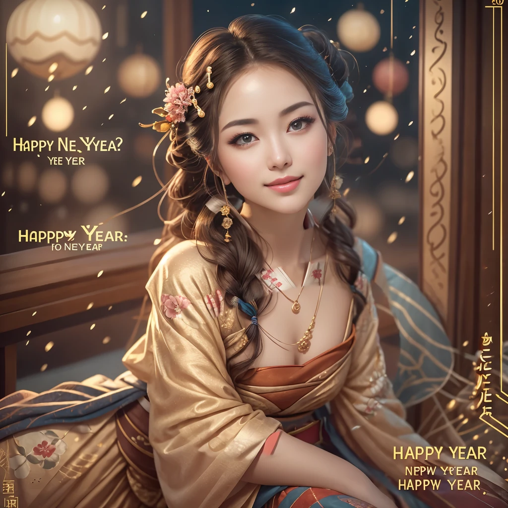 alone,beautiful japanese women,Traditional kimono,natural posture,gentle smile,Impressive gaze,Traditional hairstyle,Illuminated by city lights,(charming pose), lean forward, Assume a posture that looks like you are sitting upright, facing forward.., Place your hands on the floor, Tilt your head and look up, Smiling faces, I want to thank all the viewers., ((within screen「Happy New Year!」Please enter text characters:1.5))