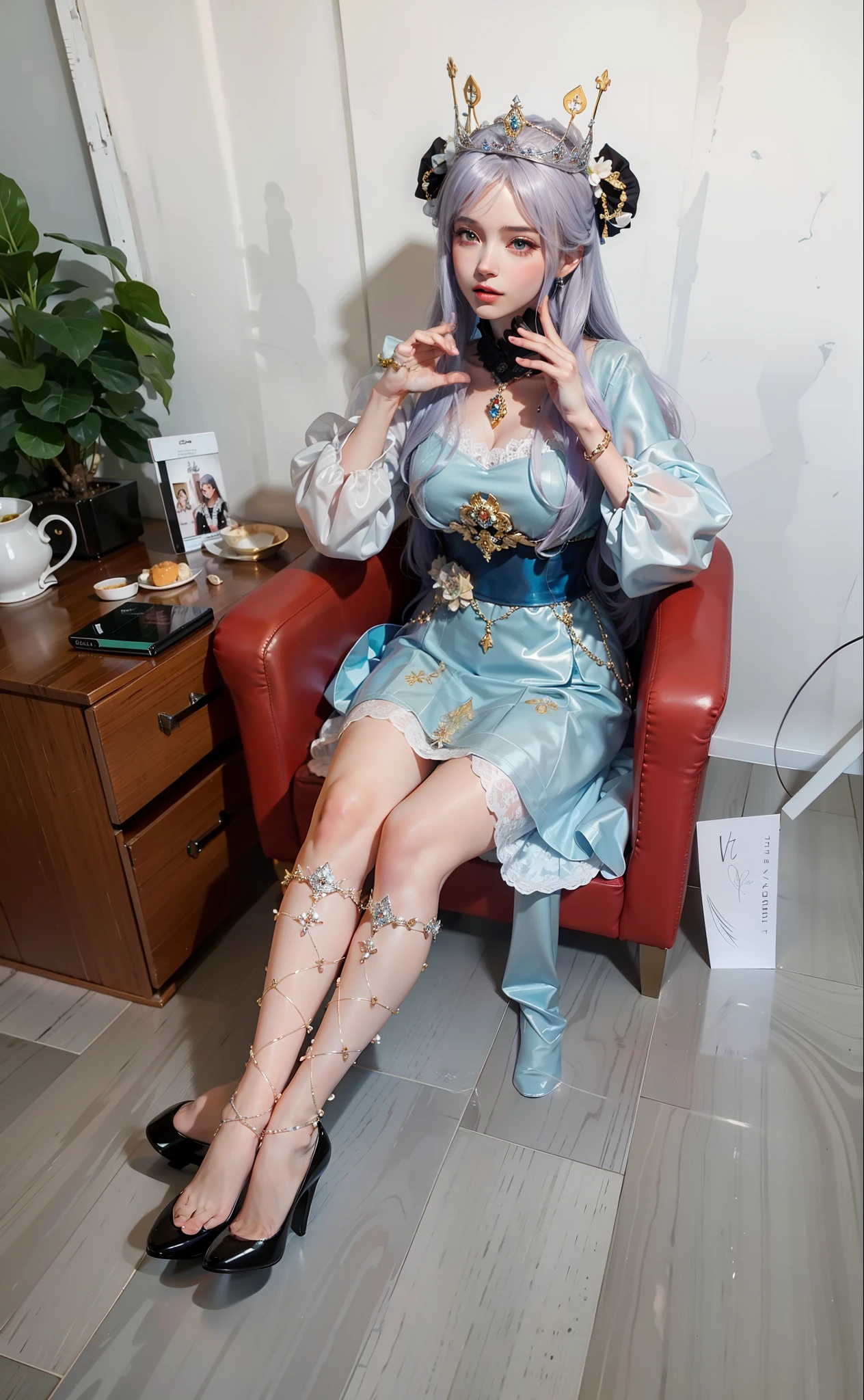 Royal sister，Delicate Frost Queen，put the crown on your head，mature body，tall figure，number，Leg length，4K，HD，Translucent lace，白皙plump figure，pretty face，Little cherry mouth，beautiful and delicious（3D royal sister），plump figure，gloss gel coat，gorgeously dressed queen，Gem Diamond Crown，High heel