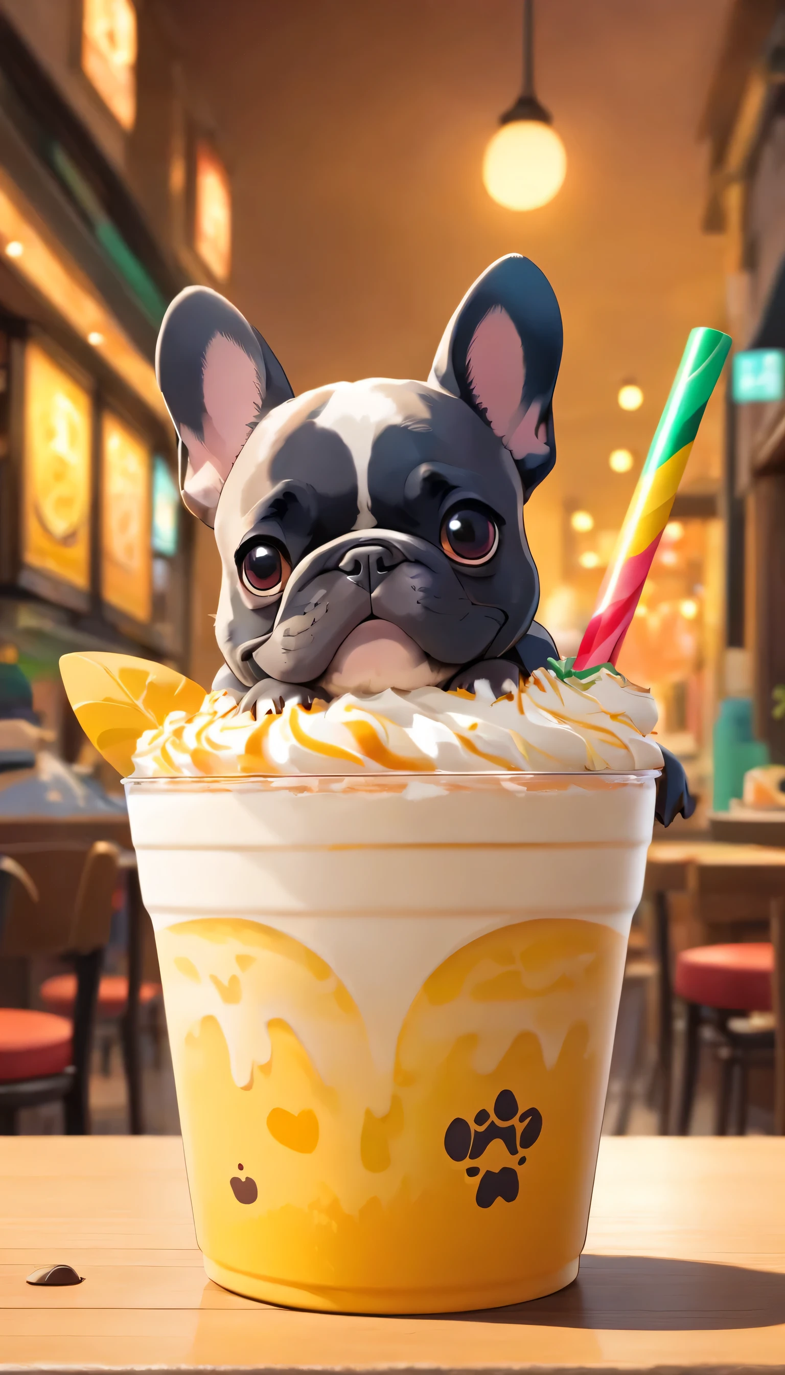 Unique, Cartoonish playful French bulldog-shaped cup, Colorful Starbucks-style frappuccino, French Bulldog Logo.