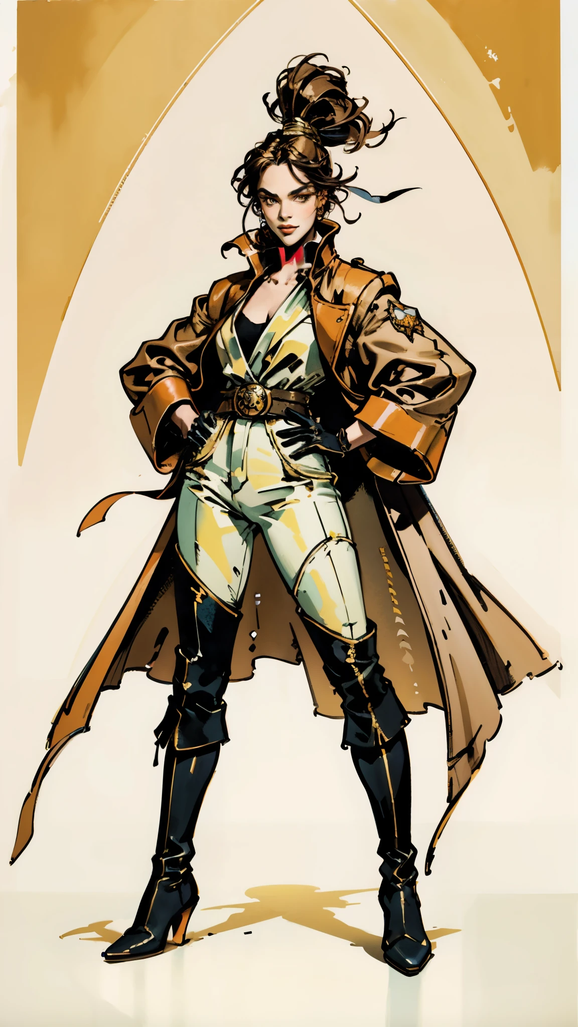 A beautiful woman with flowing orange long hair, exquisite facial features, a playful smile, confident eyes, a tall figure, a two-piece fantasy-style pirate robe coat, yellow as the main color, complemented by red accents, long wrist guard gloves on her hands, a gold belt around her waist with a short hem, leather pants, knee-high boots, standing with her hands on her hips in front of a fantasy medieval-style port tavern, this character embodies a finely crafted fantasy-style female pirate in anime style, exquisite and mature manga+comic art style, methurlant, high definition, best quality, highres, ultra-detailed, ultra-fine painting, extremely delicate, professional, anatomically correct, symmetrical face, extremely detailed eyes and face, high quality eyes, creativity, RAW photo, UHD, 8k, Natural light, cinematic lighting, masterpiece-anatomy-perfect, masterpiece:1.5