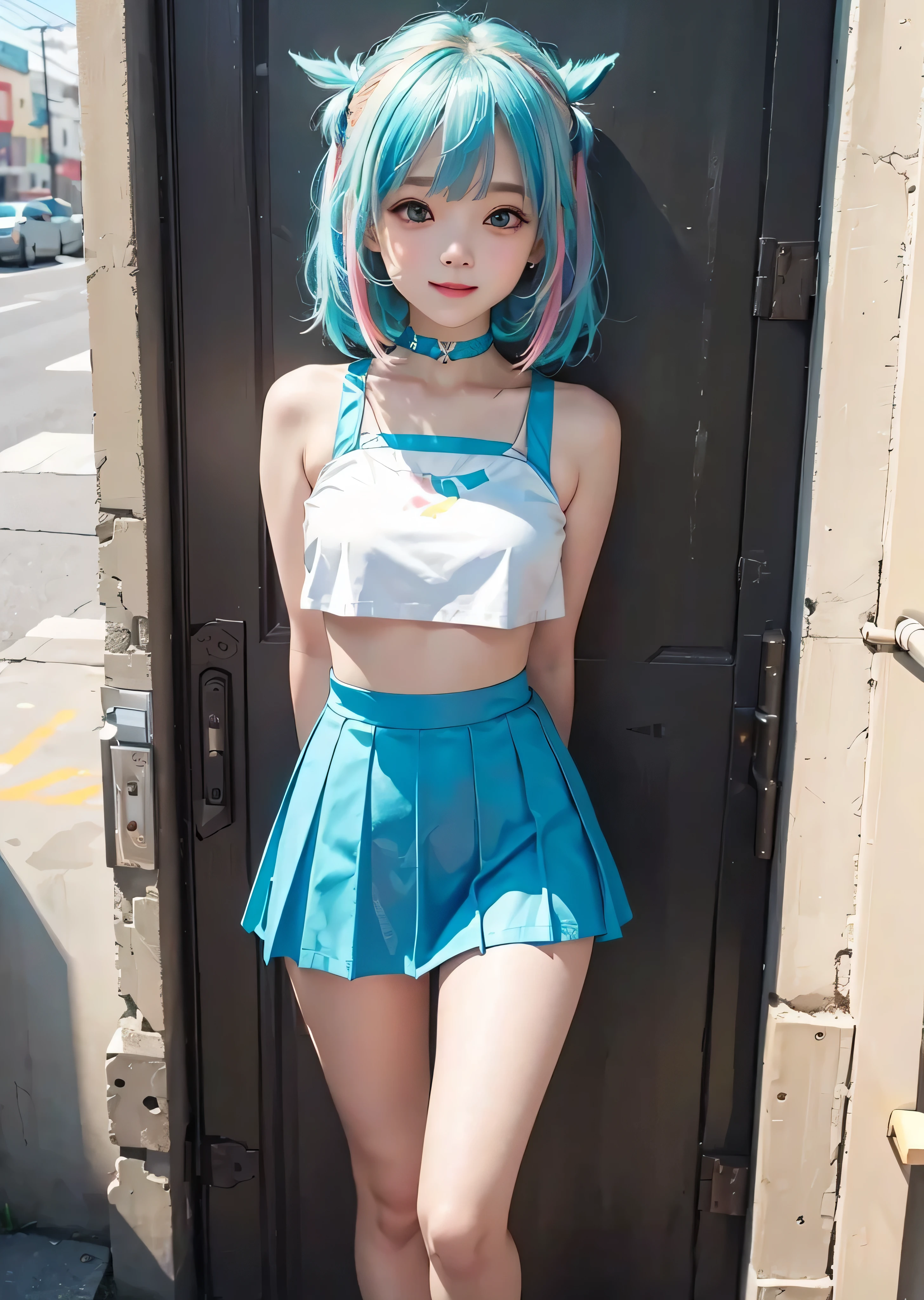 8K、A masterpice, of the best quality, 1girl, 独奏, 20 age old、Cute smile、Erect nipple、croptop, Micro Mini Skirt, chokers, arms behind back, Leaning against the wall, looking the viewer, Strap at thigh, Head tilt, hair multicolored, Aqua Eye, Sunny city、Standing pose above the knee、