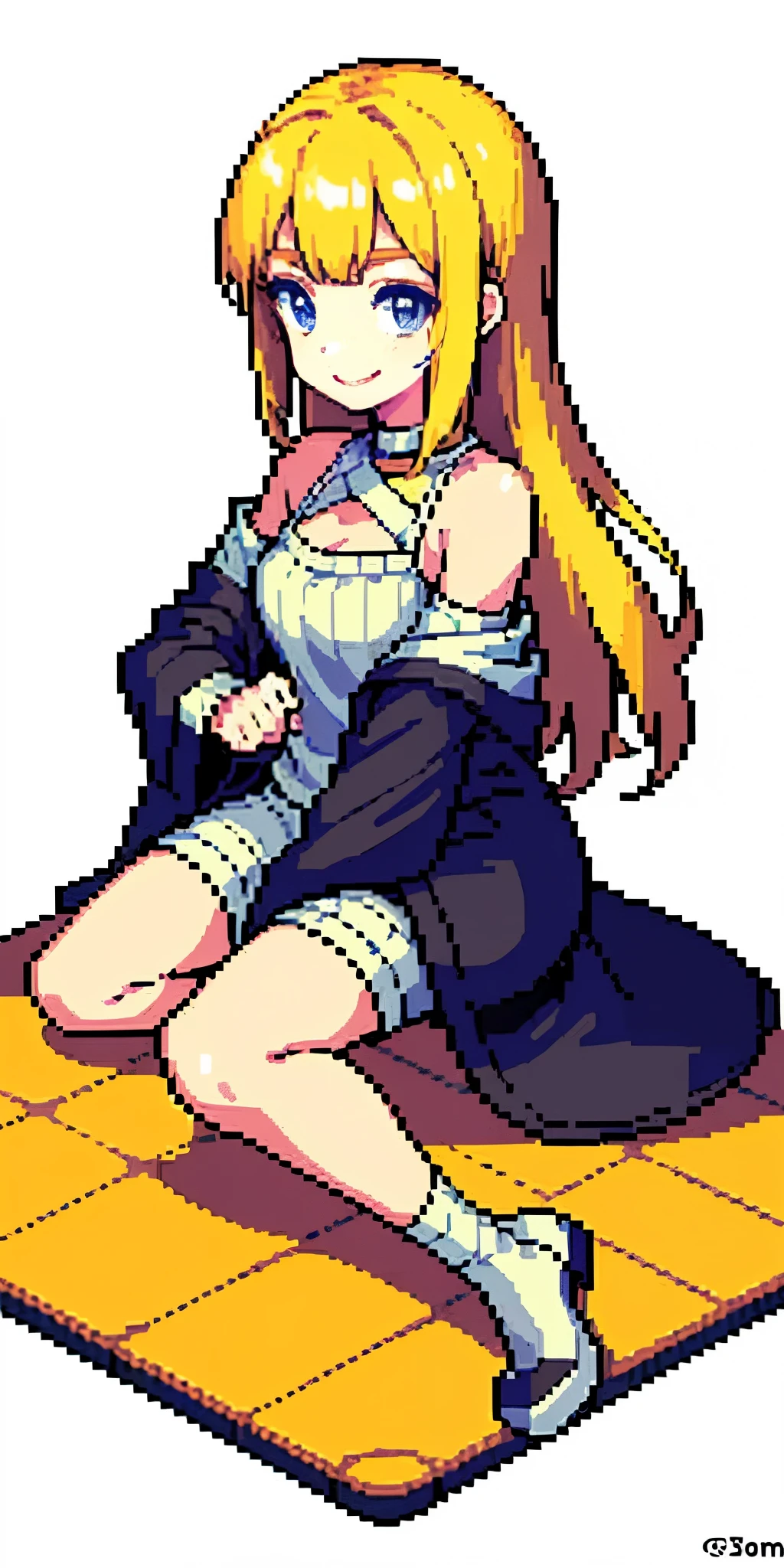 pixel, pixel art, 1girl, blond hair, sitting down on floor, body, smile, cozy,
