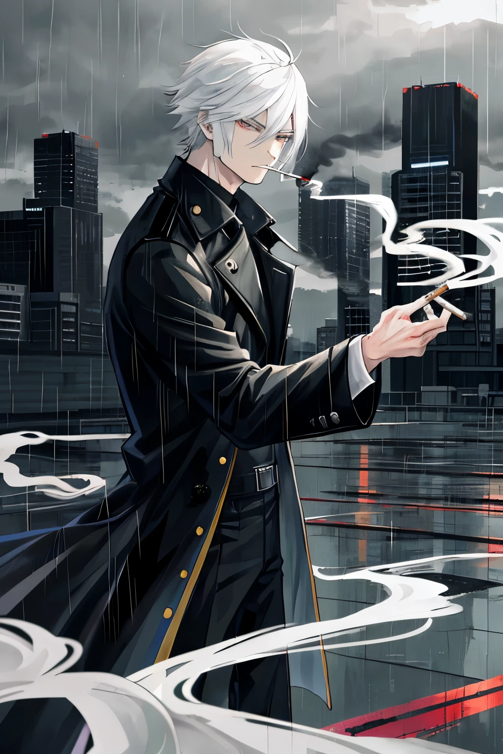 Masterpiece, best quality, 1 man, muscular man focus, solo, (Name: Takeshi), white hair, smoking a cigarette, wearing a black trench coat, anime style, intense expression, (background: rainy cityscape 1.3), (smoke: 1.2)