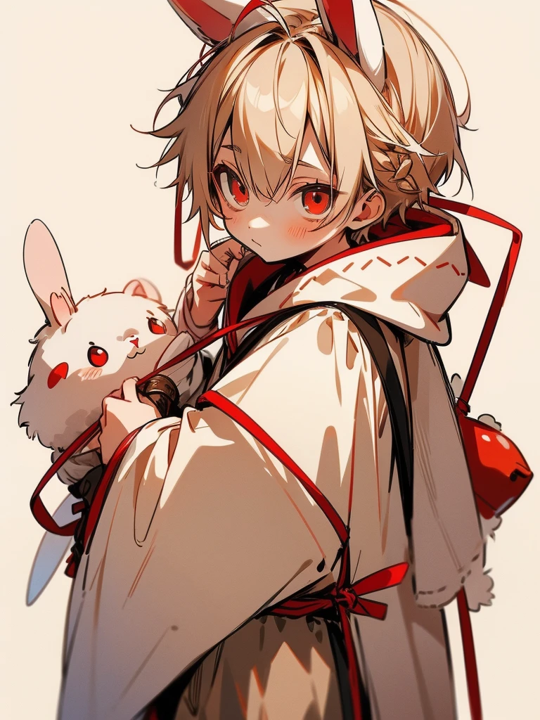 One boy, white rabbit, rabbit ears, winter country, fluffy cloak, shota, boy, shorts, garter belt, shorts, apple bag, energy, beige hair color, red eyes, red ribbon, close distance, upper gaze, side hair braid, background, winter, light pigmented, cute, big eyes, sagging eyes, shy Close-up of face High quality High resolution