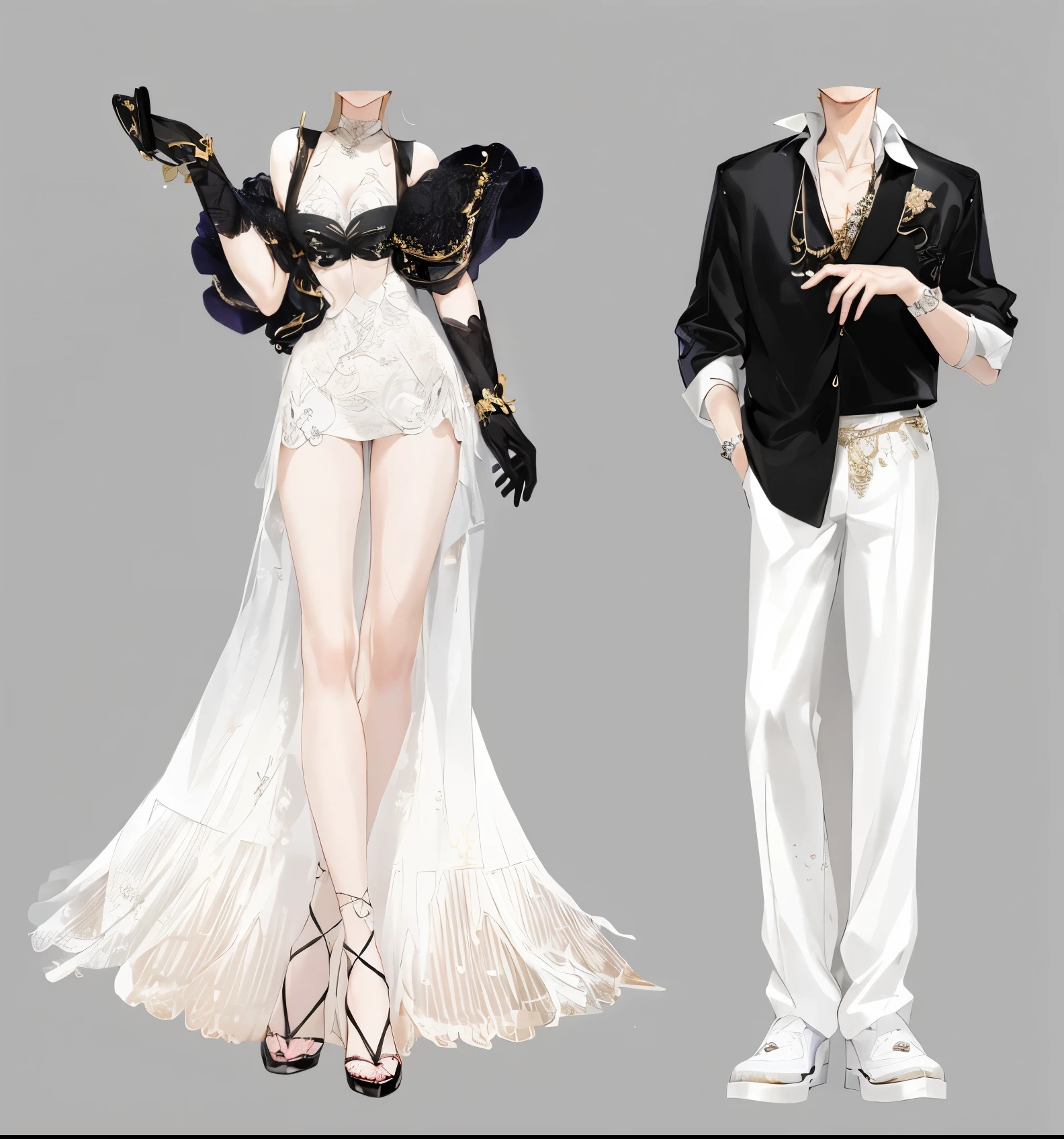 Anime style illustration of man and woman wearing formal clothes, Dress up in dreamy formal attire, Fashion Design, whole body;, whole body xianxia, Very detailed and rich costumes, Moon themed clothing, fantasy costumes, clear Fashion Design, White and black clothing, White and black, Style Games Square Enix, Diverse clothing, intertwined whole body view