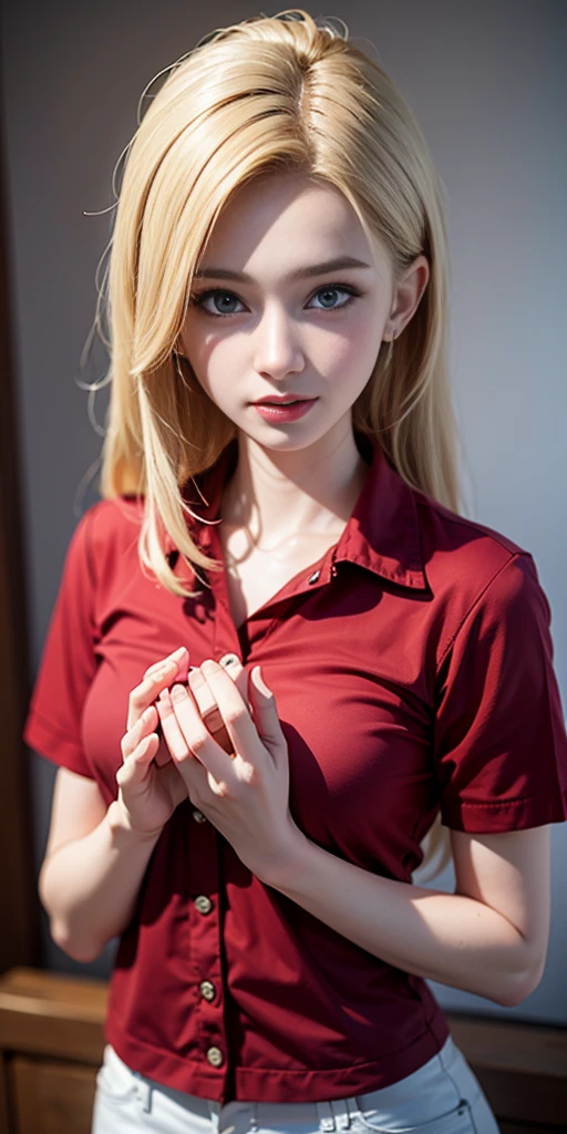 RAW photo, portrait of a beautiful blonde woman wearing a red shirt (high detailed skin:1.2), 8k uhd, dslr, soft lighting, high quality, film grain, Fujifilm XT3, ((((hands)))