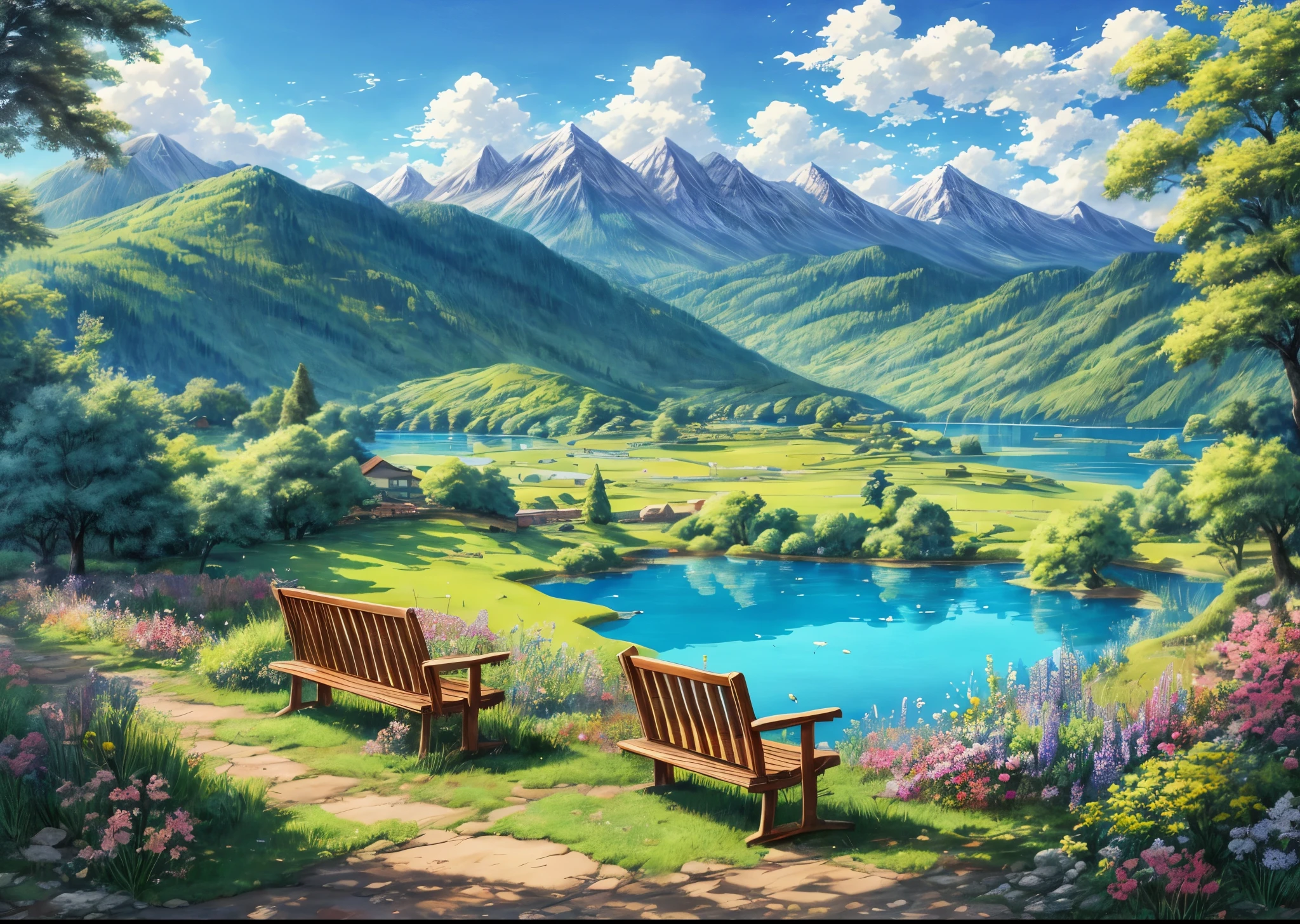 painting of a bench in a garden with a lake in the background, hermosa escena de paz de anime, una posadera , hermoso paisaje de anime, naturaleza de anime, paisaje detallado, fondo de pantalla de paisaje de anime, fondo de pantalla de naturaleza de anime, arte de fondo de anime, paisaje de anime, paisaje de campo de anime , hermosa escena de anime, ilustraciones de paisajes, fondo de pantalla de paisajes, paisaje de anime, fondo de anime