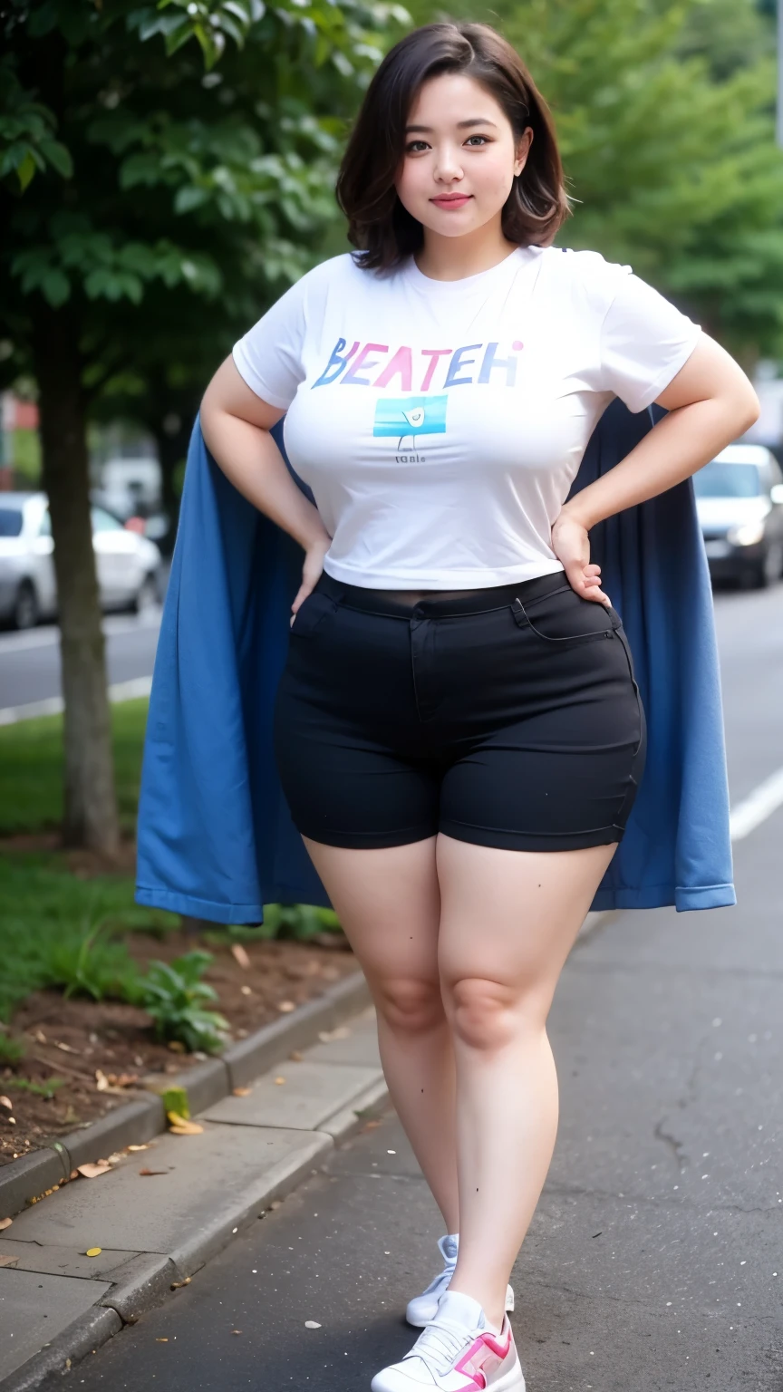 ((best quality)), ((masterpiece)), (detailed), perfect face, ompts
Copy
((best quality)), ((masterpiece)), (detailed), perfect face, mature female, thicc, she has a jiggly fat round belly, busty, thick neck, thick body, better known as amouranth, powerful and huge, thight cloths, she is facing the camera, sie boob, curvy figure, bob hairstyle , full body, chubby cheeks, chubby face, chubby arm., Bbwchan, short hair, wearing shorts pants, wearing cape, wearing a t-shirt, sneaker shoes