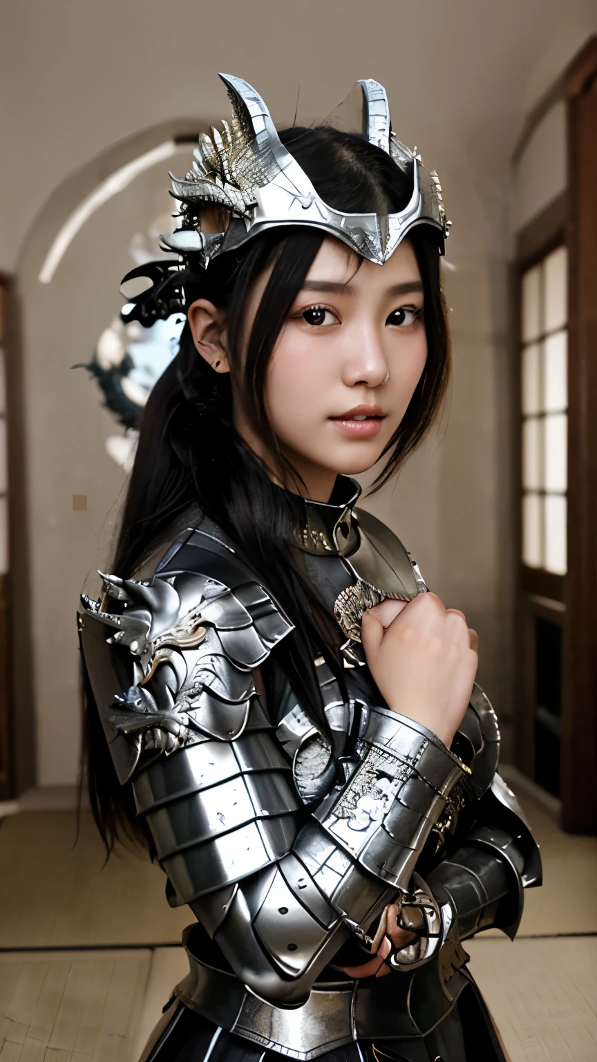 最high quality、high quality、best image quality、8K、最High resolution、High resolution、最high quality、masterpiece、RAW photo、whole photo、fantastic atmosphere、(detailed face)、(fine hands、thumb１reference４)、(beauty of japan )、very nice face、beautiful face、((beautiful japanese girl))、(japanese woman), ((18 year old beautiful girl))、(glossy black hair)、(long straight hair)、(ponytail)、slim style、(shiny skin)、(Fair skin)、whole body、(Depiction from head to toes)、realistic human skin、realistic human body structure、perfect body， perfect face， perfect hands， perfect fingers， perfect lips， perfect eyes，perfect teeth、perfect background round， beautiful skin，looking at camera、soft natural light、Interior of a medieval European-style Western-style building、Interior decorated with artwork from the 1690s、 Interior of a 1600s mansion、Classic Bedroom、complex room、Classic interior、(metal that reflects light)、(mirror metal)、(mirror painted metal)、((mirror metallic(metal dragon armor))、((mirror metallic(metal dragon helm))
