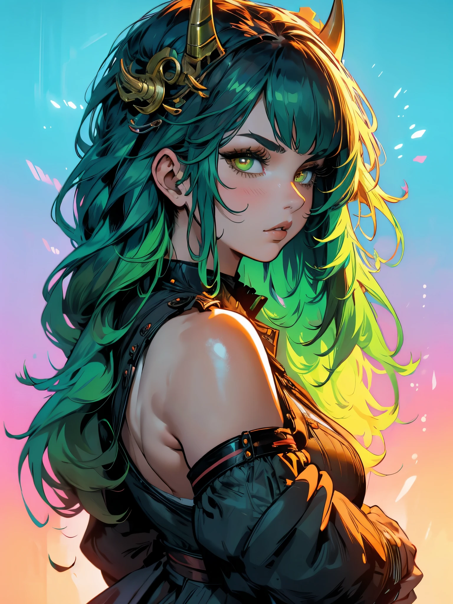 ((live 2D)) masterpiece, 1girl, full body, stands straight, steampunk clothes, military clothing, looking at viewer, detailed face, girl with green wavy hair, bangs, metal sheep horns, gradient hair, multicolored hair, light green hair, turquoise hair tips, wavy hair, gradient eyes, orange eyes, (simple background, white background: 1.3), big ass, thick ass, thick body