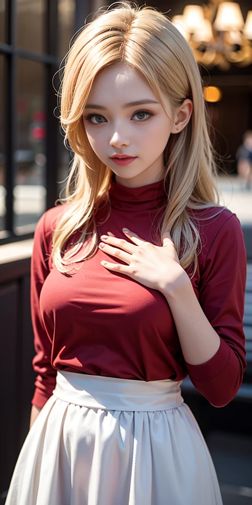 RAW photo, portrait of a beautiful blonde woman wearing a red shirt (high detailed skin:1.2), 8k uhd, dslr, soft lighting, high quality, film grain, Fujifilm XT3, ((((hands behind body)))