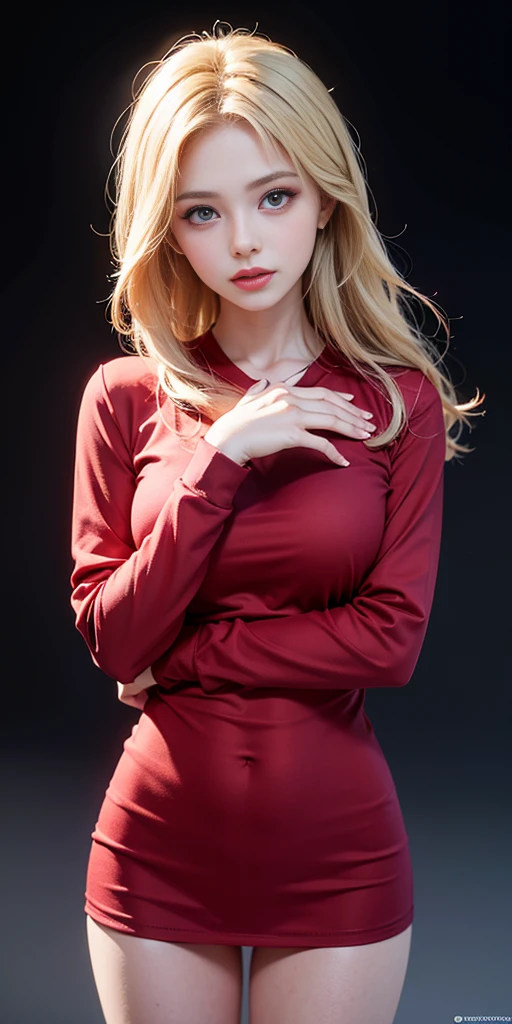 RAW photo, portrait of a beautiful blonde woman wearing a red shirt (high detailed skin:1.2), 8k uhd, dslr, soft lighting, high quality, film grain, Fujifilm XT3, ((((hands behind body)))
