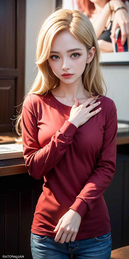 RAW photo, portrait of a beautiful blonde woman wearing a red shirt (high detailed skin:1.2), 8k uhd, dslr, soft lighting, high quality, film grain, Fujifilm XT3, ((((hands behind body)))