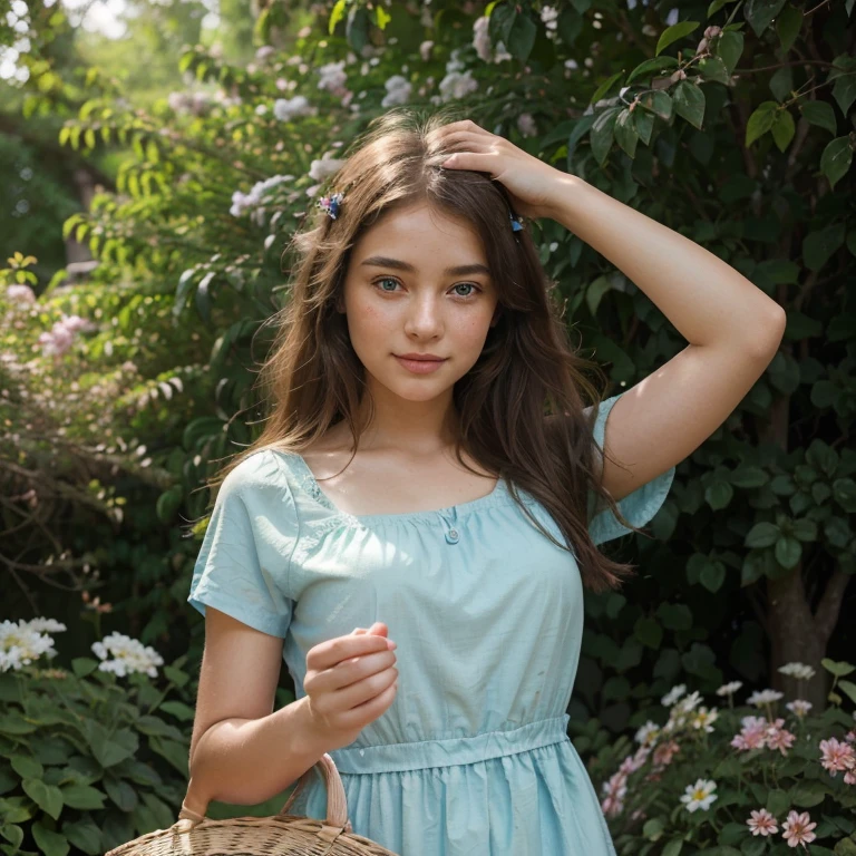 A girl wearing a blue dress stands in the middle of a blooming garden, surrounded by colorful flowers and lush greenery. The sunlight filters through the leaves, casting a warm and gentle glow on the scene. The girl has long flowing hair that dances in the breeze. Her eyes sparkle with excitement and curiosity, while her lips are painted with a soft shade of pink. The girl's face is extremely detailed, with delicate freckles sprinkled across her nose and rosy cheeks. She holds a basket in her hand, filled with freshly picked flowers. The garden is a medium of vibrant colors, resembling an oil painting come to life. The scene is bathed in a highres, realistic lighting, showcasing the ultra-detailed texture of the petals and leaves. The overall atmosphere exudes a sense of peace and tranquility, inviting viewers to immerse themselves in the beauty of nature. The color palette leans towards pastel tones, with a touch of warm sunlight.