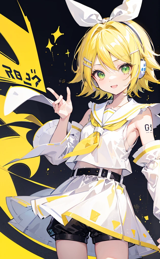 top-quality、super precision、Onegirl、(kagamine_Rin)、Green eyes、Cute s、Shorthair、White hair ribbon、hair clips、headphones、a blond、Tattoo number on the arm、a sailor suit、Black shorts、a belt、Yellow neckerchief、Sleeveless、ssmile、High school students、Older sister、white backgrounid