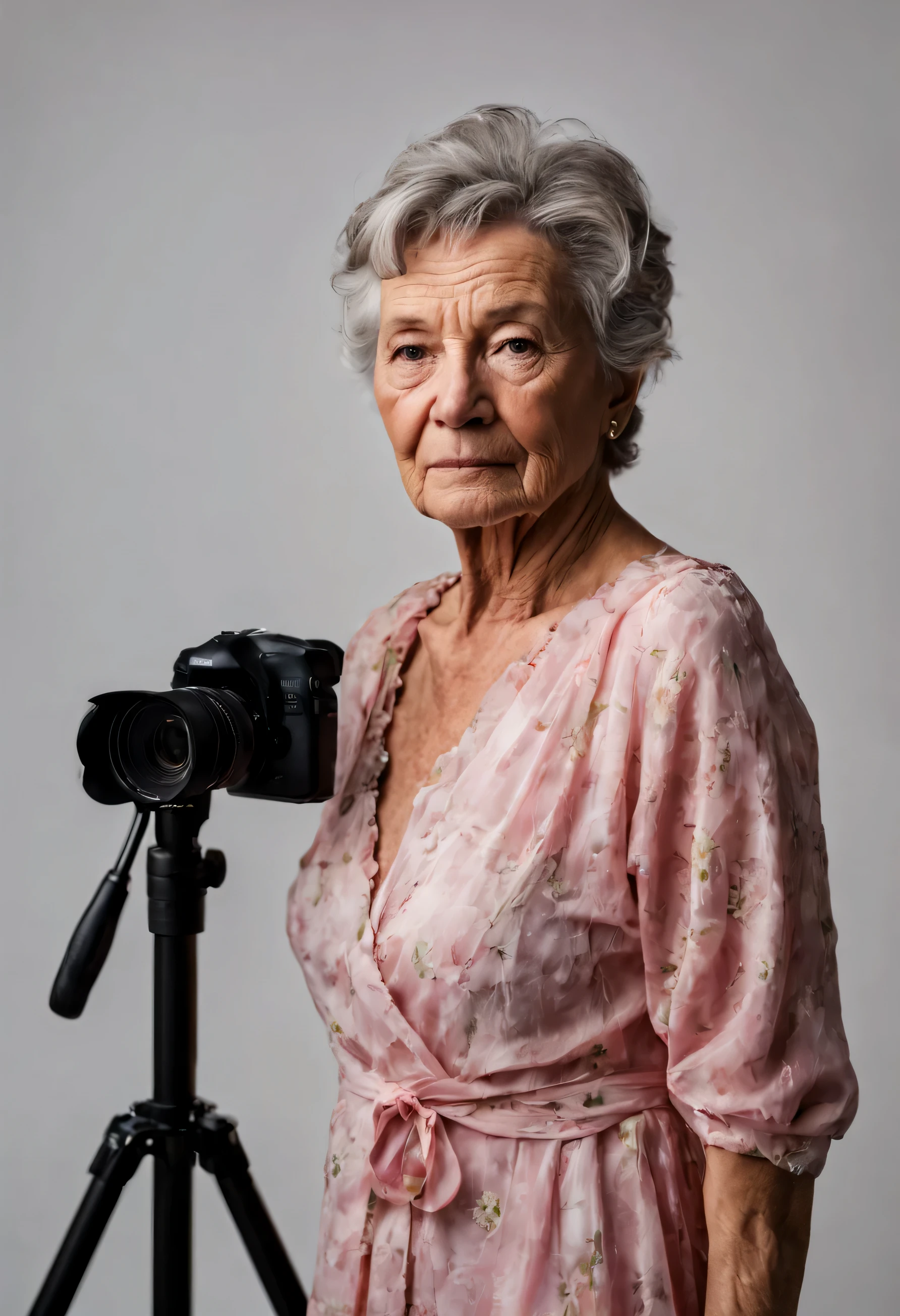 RAW photo, fashion photography, sharp focus, movie shot, best quality, masterpiece, ultra high res, photorealistic, 8K, professional photography, award winning photo, uhd, dslr, soft lighting, high quality, film grain, Fujifilm XT3
portrait of a beautiful (((70 year old))) woman, wrinkled face, pink summer dress, she is standing in a photo studio, high detailed skin, intricate skin details, visible skin detail, mascara, skin pores, light freckles, skin fuzz, blush, translucent skin, subsurface scattering,  skin imperfections, wrinkles, vitiligo spots, skin fuzz
studio lighting, cameras, tripods, reflectors, photography equipment, softboxes, a photography backdrop stand, key light, fill light, rim light, back light