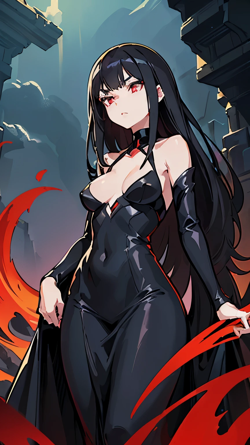 1 girl, (Masterpiece), dynamic lighting, dynamic colors, (scenery), best pose, (fantasy setting), female, (((milf, small head, small eyes, angular face, angular chin, long face, mature face, mature))), (human), (jet black colored hair, long sleek hair, sleek hair, scarlet red colored eyes, glowing eyes), sparkly eyes, (super expressionless, super expressionless eyes, super confident pose, super expressionless expression), (((long dress made out of black smoke, all black dress, black dress, full dress, covered))), (((big breasts))), ((tall, lengthy body, deathly pale, scarlet red lips, slim waist, slim)),