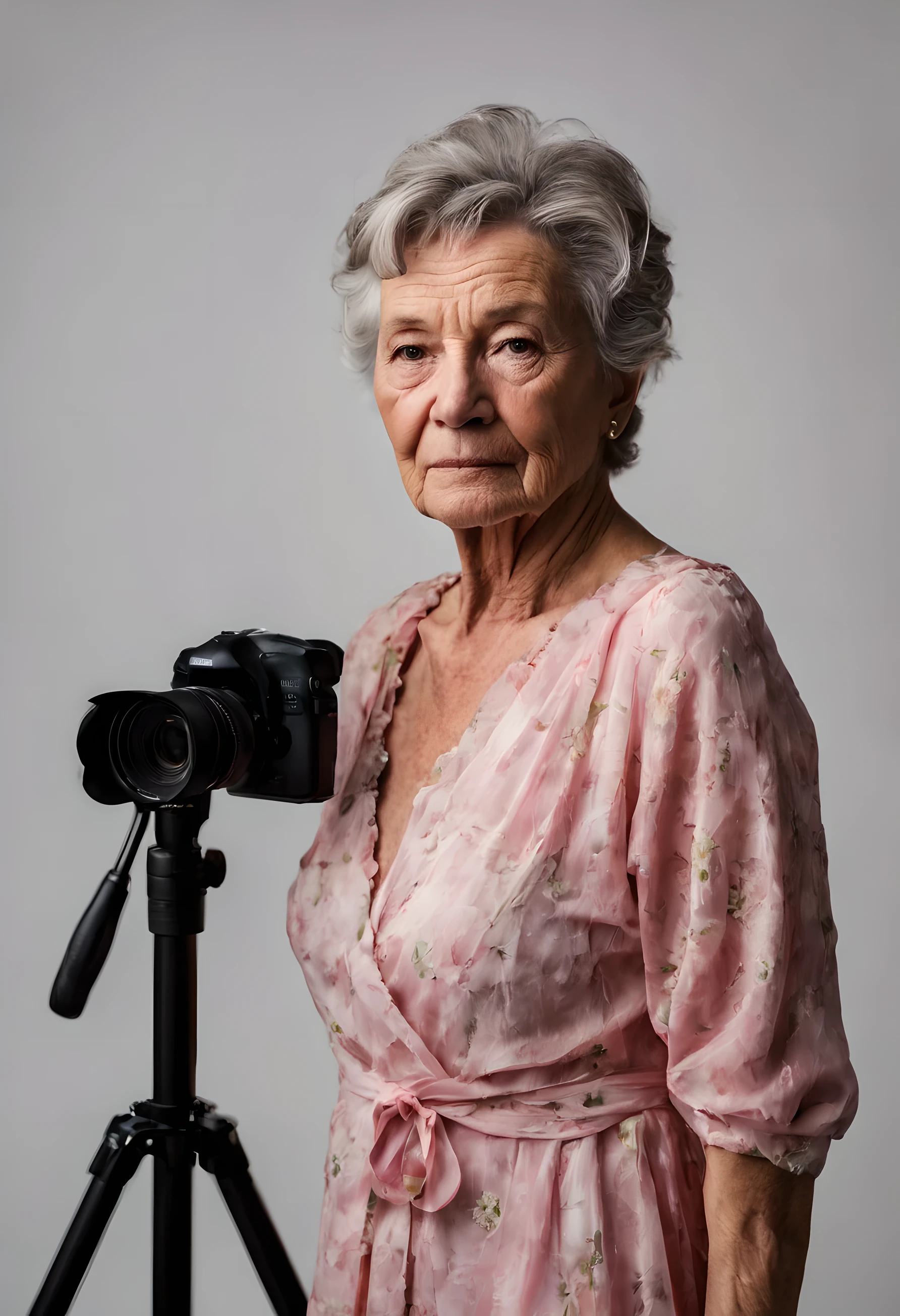 RAW photo, fashion photography, sharp focus, movie shot, best quality, masterpiece, ultra high res, photorealistic, 8K, professional photography, award winning photo, uhd, dslr, soft lighting, high quality, film grain, Fujifilm XT3
portrait of a beautiful (((70 year old))) woman, wrinkled face, pink summer dress, she is standing in a photo studio, high detailed skin, intricate skin details, visible skin detail, mascara, skin pores, light freckles, skin fuzz, blush, translucent skin, subsurface scattering, skin imperfections, wrinkles, vitiligo spots, skin fuzz
studio lighting, cameras, tripods, reflectors, photography equipment, softboxes, a photography backdrop stand, key light, fill light, rim light, back light