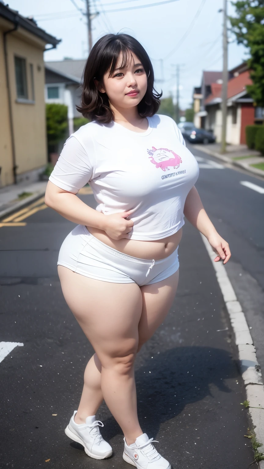 ((best quality)), ((masterpiece)), (detailed), perfect face, ompts
Copy
((best quality)), ((masterpiece)), (detailed), perfect face, mature female, thicc, she has a jiggly fat round belly, busty, thick neck, thick body, better known as amouranth, powerful and huge, thight cloths, she is facing the camera, sie boob, curvy figure, bob hairstyle , full body, chubby cheeks, chubby face, chubby arm., Bbwchan, short hair, wearing shorts pants, wearing medium cape, wearing a t-shirt, sneaker shoes 