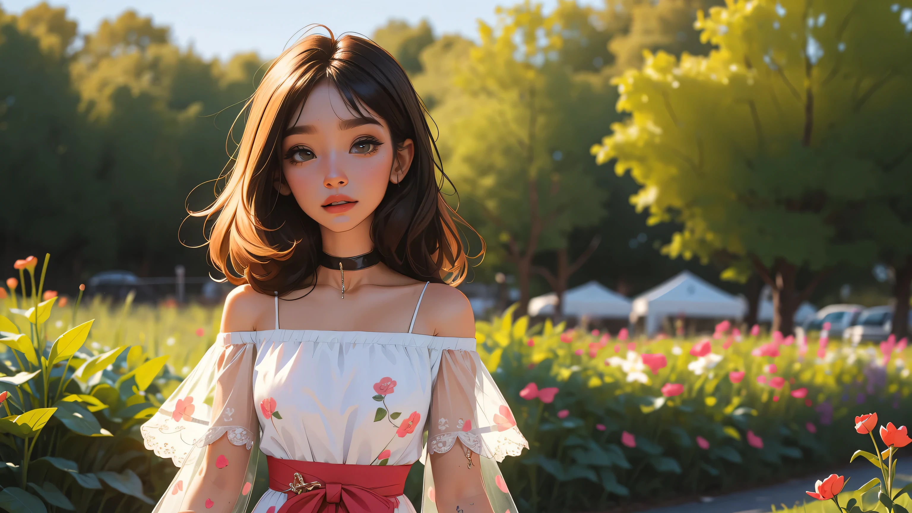 (best quality, masterpiece), 1girl, intricate details, off shoulder, skirt, choker, frills, see-through, looking at viewer, blush, upper body, blurry background, floral print, contrapposto