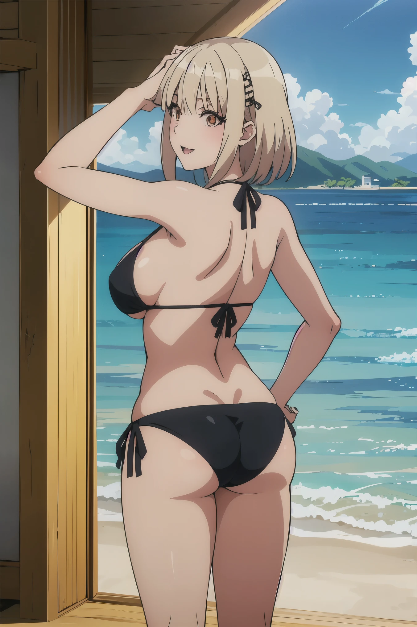 from behind,振り向く,high resolution、masterpiece、anime style、Anime style, ponpai,kawahigashi pai,(bikini:1.3),(huge breasts),beach,sea,smile,5fingers,sexy pose,erotic