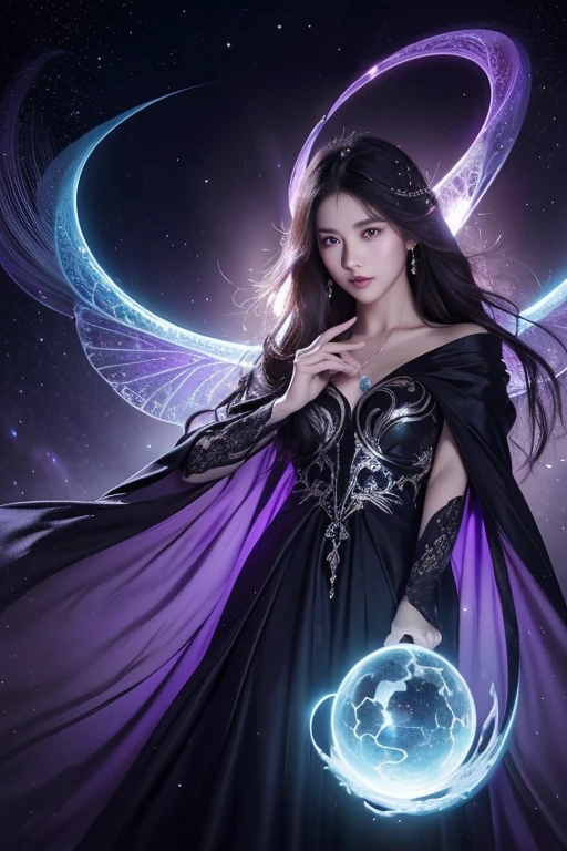 "A Nocturnal Fairy, a mysterious and elusive being who wields the power of darkness and night. She has flowing black or deep purple hair, and her wings resemble the starry night sky, reflecting a celestial pattern. Her eyes shine like moonlight, casting an ethereal glow. She appears to be in her 30s, though her true age remains a secret. Her attire is elegant and somewhat revealing, inspired by the night, with intricate designs that evoke the mystique of twilight. Her expression is enigmatic and serene, with a faint, knowing smile that hints at her deep connection with the night. Nocturnal Fairies are born from the void of darkness, descending from the stars in the night sky to embrace the quiet, hidden aspects of their realm."