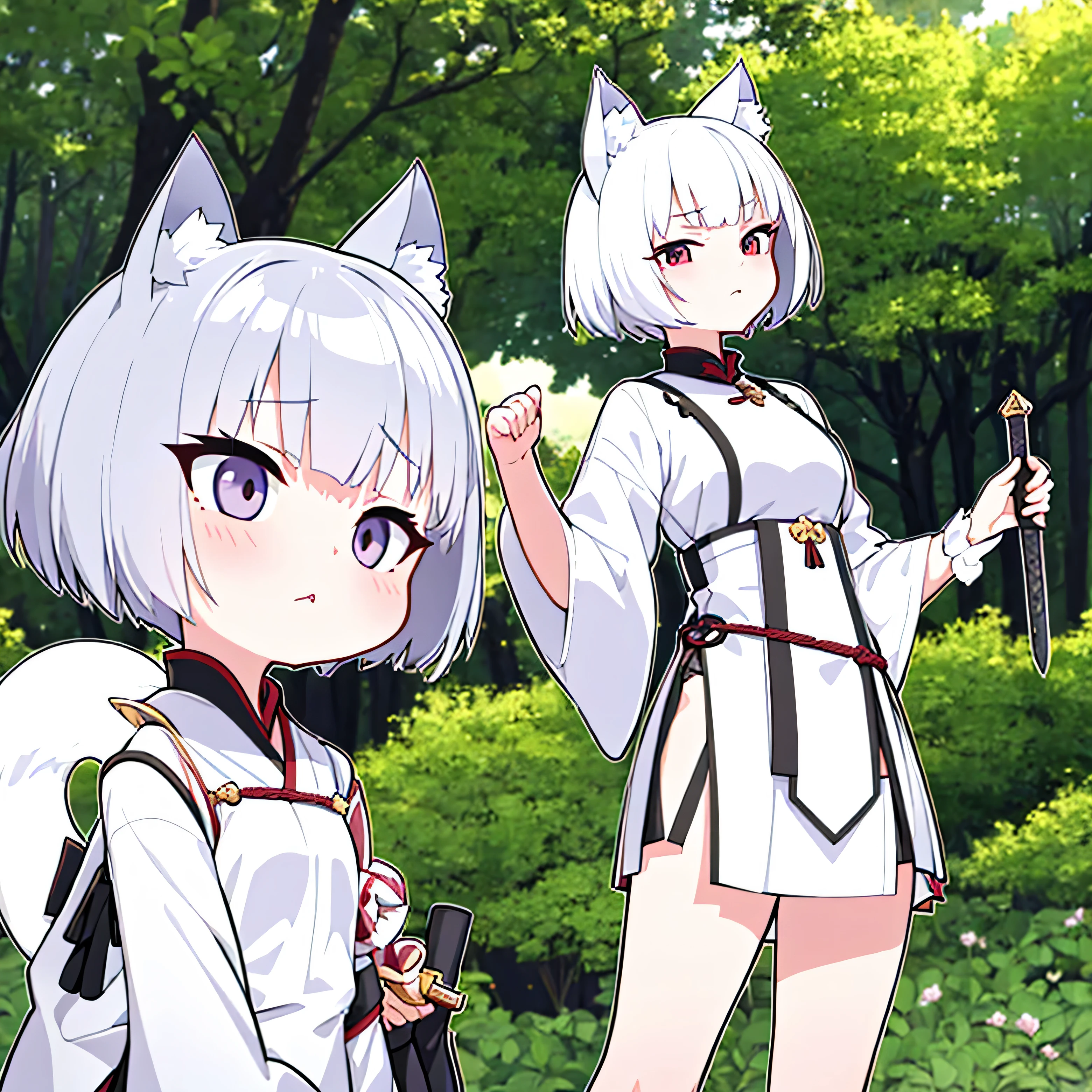 White short hair, Cat's ears, girl, Oriental traditional clothing, Black short skirt, In the woods, Lush trees, 3 head body type, cute characters, SD Character, He has a sword at his waist., Movements and facial expressions that make you stop after discovering something, eyes widen, Front view,