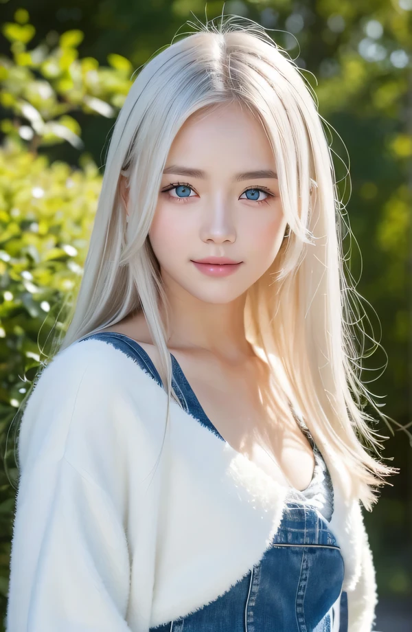 14Caucasian model at the age, 両脚でFull body photo standing,((Clean clothes)), wearing fluffy clothes, Natural light, Pretty Caucasian Woman, white hair, Closing your eyes and smiling, (8K, Live shooting, highest quality, masterpiece: 1.2), masterpiece, super detail, , High-definition RAW color photo, Full body photo standing, , , , , highly detailed eyes, realistic skin texture, highly detailed fingers, very detailed nose, highly detailed mouth, , Photo above the knee, , See-through feeling、Transparent processing、Wear fluffy clothes、, White hair, Blue eyes, masterpiece, realistic skin texture, , shiny hair and white skin, 、 natural skin texture, A young woman who looks like a girl, Photo above the knee、Blue eyes, 、lowered eyebrows, innocent face, Eyes that look gentle, natural skin texture, round face, Kind eyes, long and pure white beautiful hair、, small face, No decorations attached, white, drooping eyebrows, Mont Blanc, white, drooping eyebrows、Eyes with sparkle、Both eyes are the same shape and size、Posing
