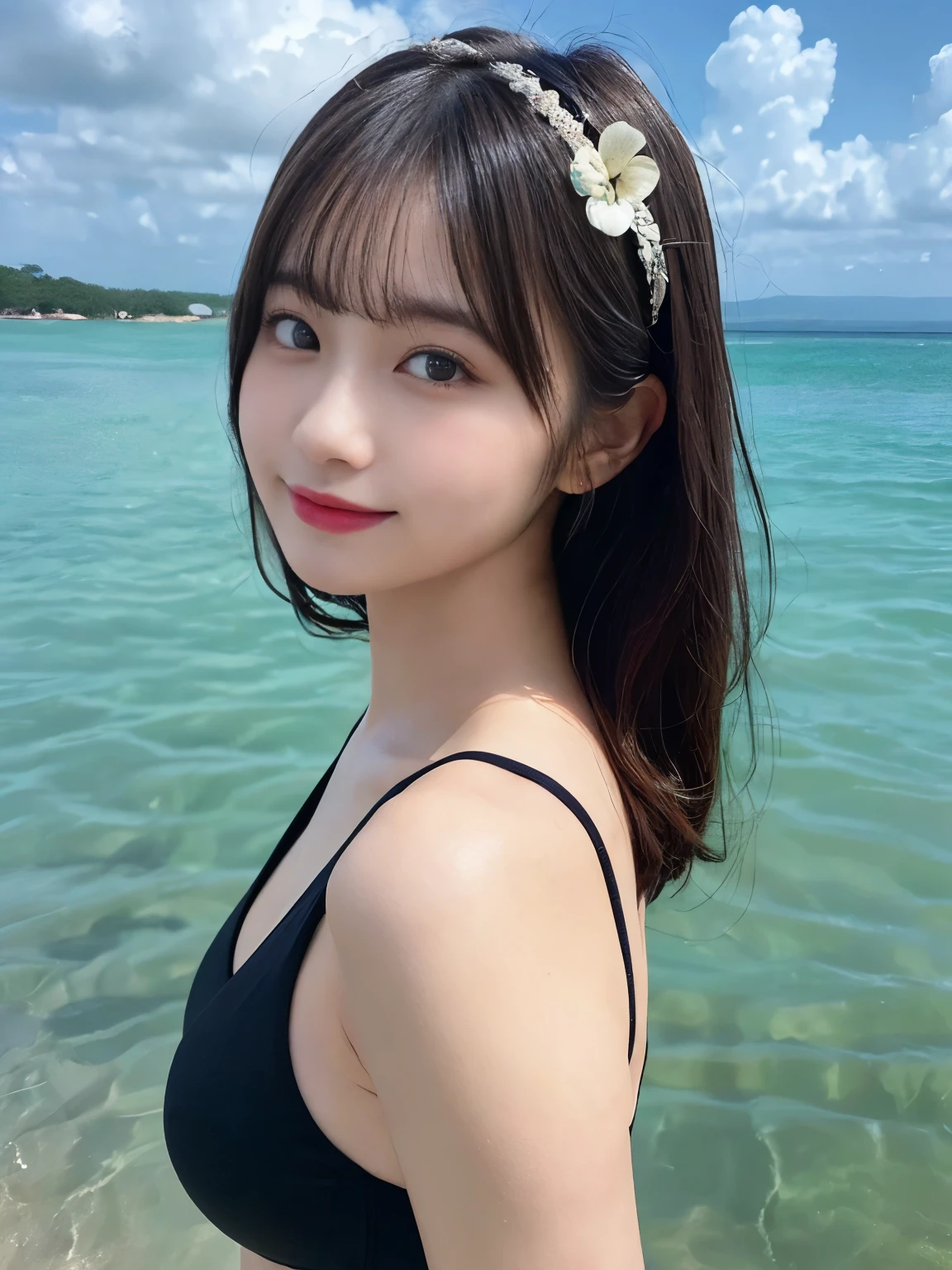 muste piece, best quality, illustration, Super detailed, fine details, High resolution, 8K Dende Wallpaper, perfect dynamic composition, beautiful detailed eyes, she is wearing a black bikini swimsuit,medium hair,natural color lip, shy smile,Harajuku style、20 year old girl、There is only one person, bust up photo、Correct posture、stretch your back、Never show your hands、Stand up straight、cute type、looking at camera、C Cup、blonde、Don't touch it、Blurred sea water background、Copy Space