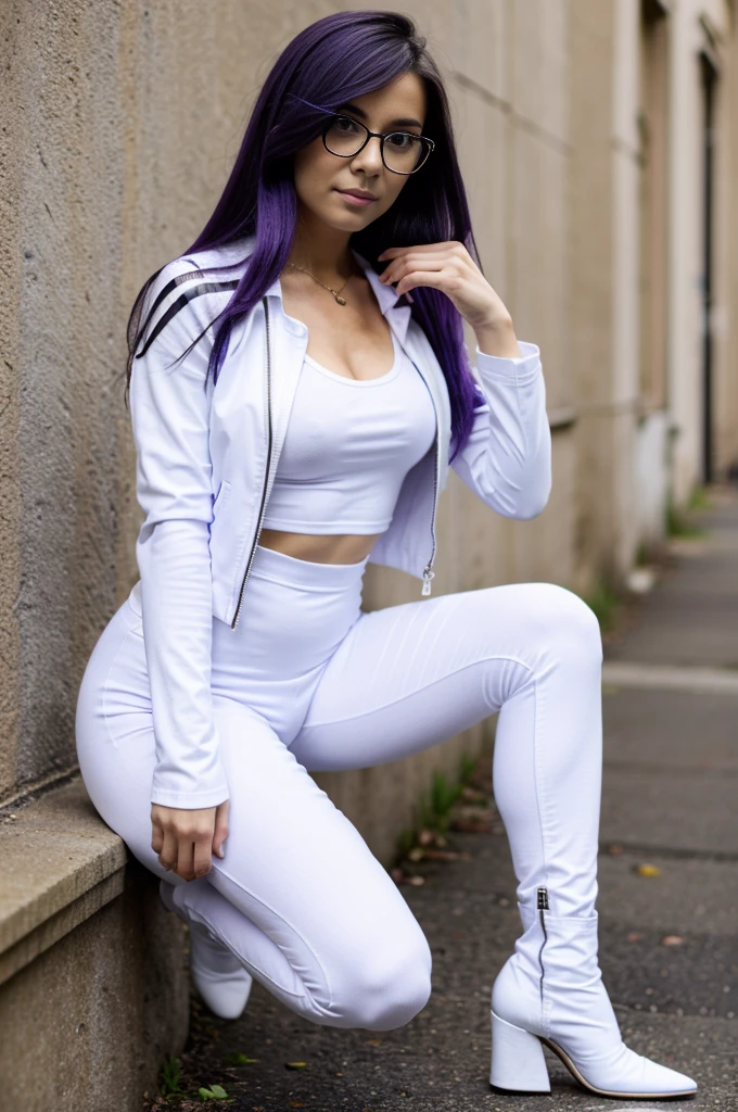 Long bob hair, purple hair, white and red striped leggings, open leather jacket, white shirt, knee-high boots, slim, cute, glasses
