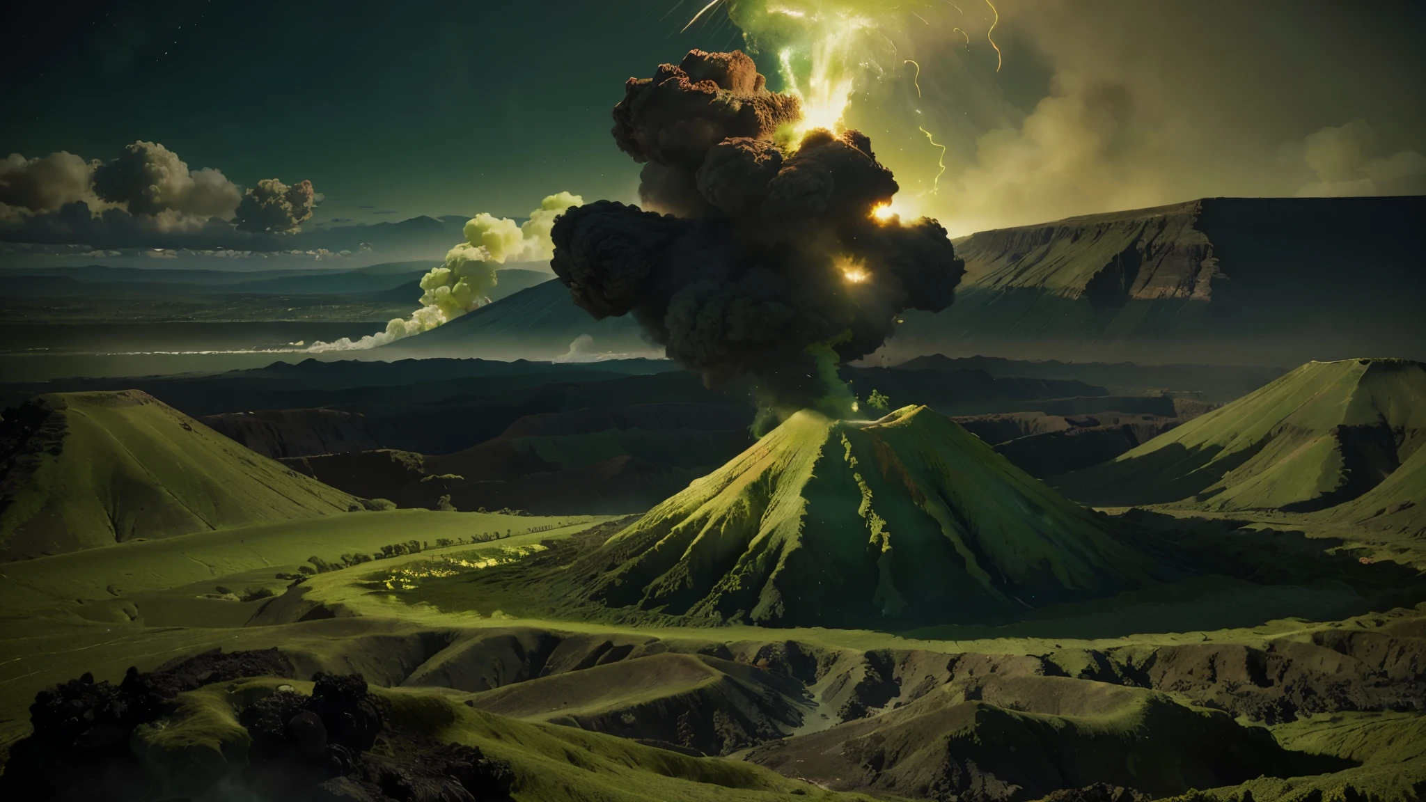 (Greenish,Color scheme:1.4)(Best quality,4K,8K,A high resolution,Masterpiece:1.2),Radiation and volcanic eruptions, ((Smoke similar in shape to roses))In the crater， creating a surreal ambiance. Bask in moonlight, Volcanic eruptions cast an eerie glow on the swirling smoke in the air. Pixel art