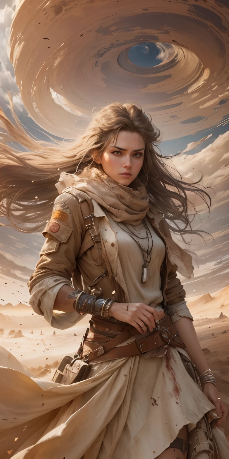 Beautiful lost woman in desert apocalypse, paper, dust, worn clothes, sweat, exhaustion, worn in clothes, swirl, whirl, swirling wind, wind, heat, dirt, blood, tan kahki, impressionism sci-fi master art style 34k resolution hyperdetailed,