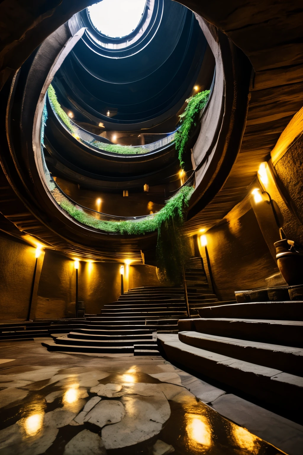 best quality, 32k, RAW photo, incredibly absurdres, extremely detailed, a pit with a large and deep spiral staircase, a huge outer drainage channel deep underground in the city center, and many cylindrical pillars