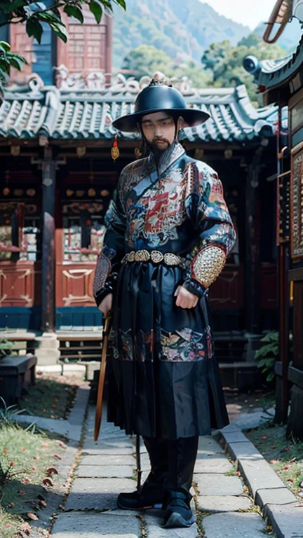 (8k, original photo, best quality, masterpiece: 1.2), (actual, Photo fidelity: 1.37), 1 person, whole body,Standing and holding a long knife,wearing a flying saucer_helmet,Domineering Jinyiwei, nature,Exocet suit,Behind the background are Chinese Ming Dynasty buildings