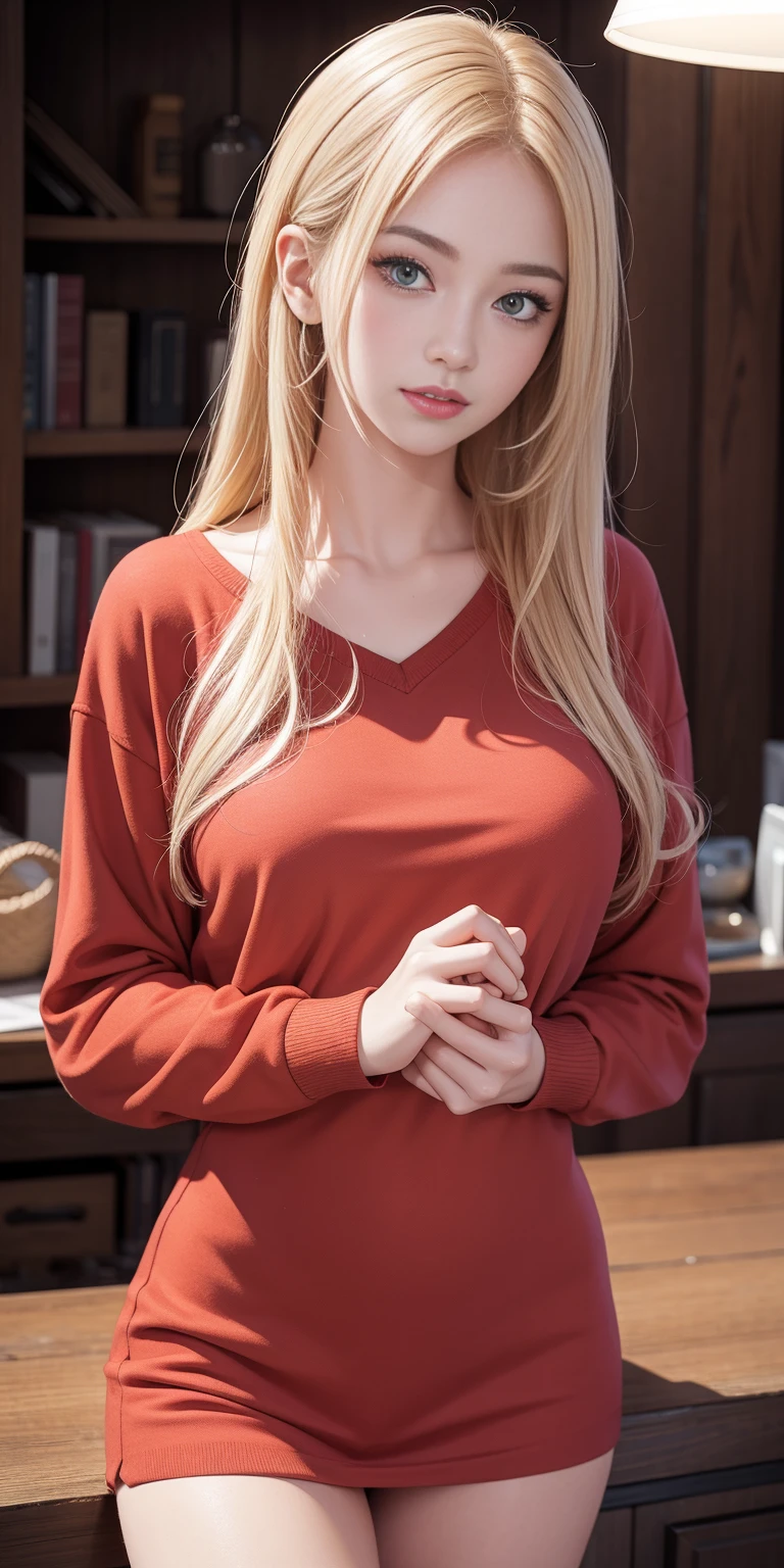 RAW photo, portrait of a beautiful blonde woman wearing a red shirt (high detailed skin:1.2), 8k uhd, dslr, soft lighting, high quality, film grain, Fujifilm XT3, ((((hands behind body)))