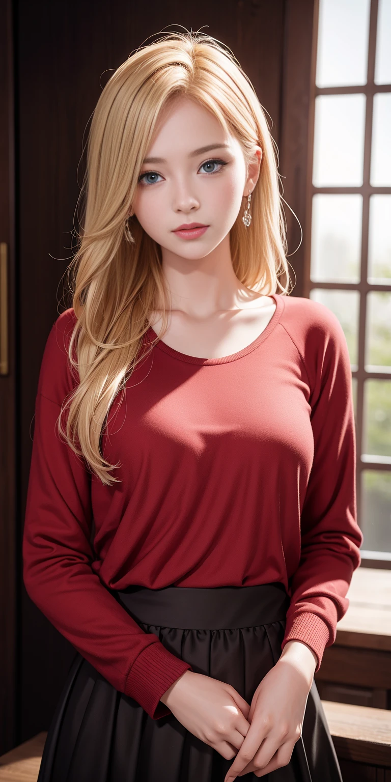 RAW photo, portrait of a beautiful blonde woman wearing a red shirt (high detailed skin:1.2), 8k uhd, dslr, soft lighting, high quality, film grain, Fujifilm XT3, ((((hands behind body)))