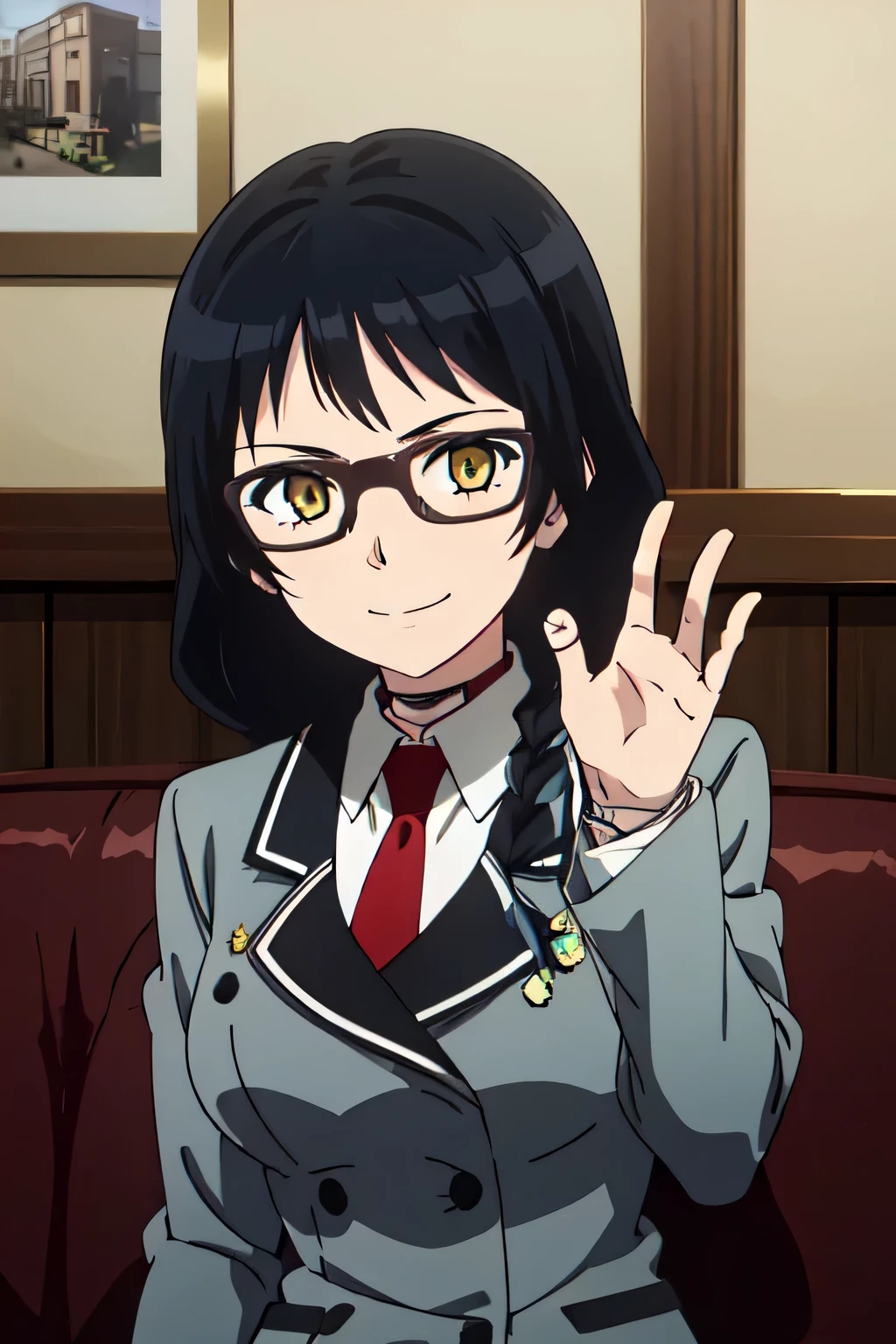 AYAME, GLASSES, BLACK HAIR, BRAID, LONG HAIR, YELLOW EYES, SINGLE BRAID, BLACK-FRAMED EYEWEAR, CHOKER, BANGS, necktie, , choker, jacket, red necktie, blazer, breasts, v-shaped eyebrows, , black-framed eyewear, long sleeves, uniform, medium breasts, grey jacket, 1girl, solo, upper body, facing viewer, looking at viewer, smile,