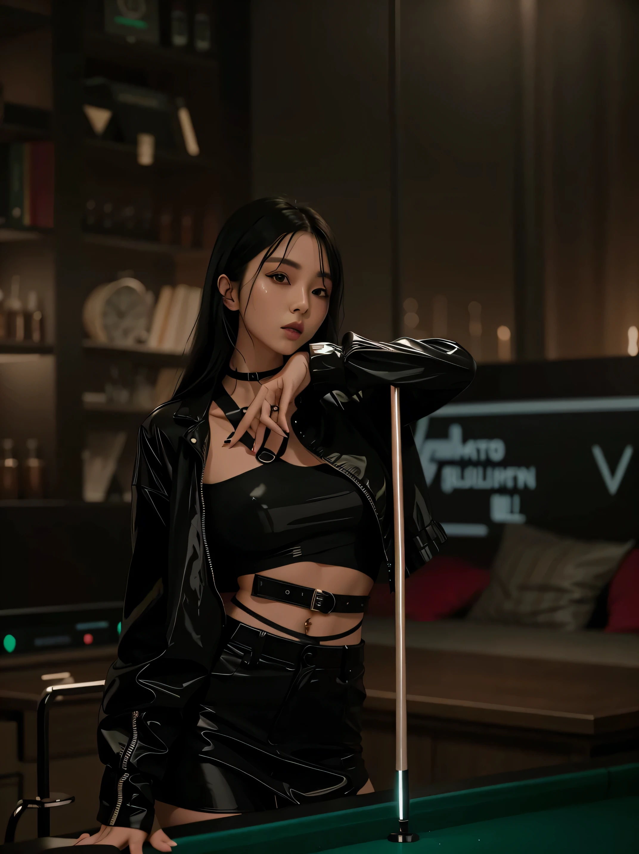 Arav wears black leather jacket，Take a photo with a pool cue, Yoo Lee Ji-eun plays the super villain, author：Yang Jie, Popular topics on cgstation, black leather slim clothes, wearing leather swimsuit, gas station trends, Seductive portrait of Tifa Lockhart, seductive cyberpunk dark fantasy, Park Shin-hye plays a supervillain, Wearing black latex clothing