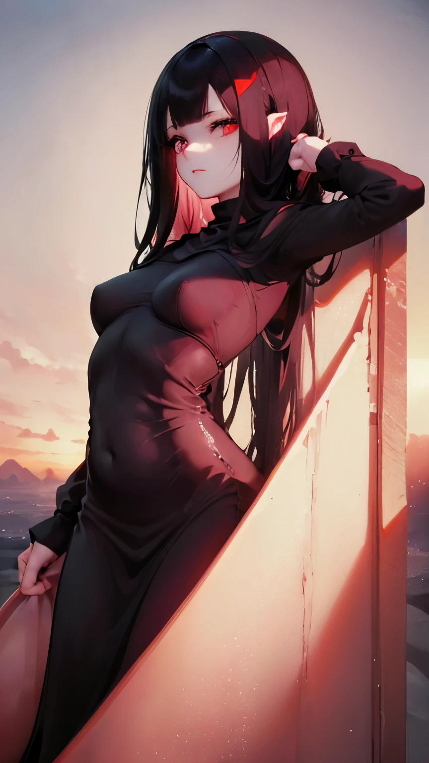 1 girl, (Masterpiece), dynamic lighting, dynamic colors, (scenery), best pose, (fantasy setting), female, (((milf, small head, small eyes, angular face, angular chin, long face, mature face, mature))), (human), (jet black colored hair, long sleek hair, sleek hair, scarlet red colored eyes, glowing eyes), sparkly eyes, (super expressionless, super expressionless eyes, super confident pose, super expressionless expression), (((long dress made out of black smoke, all black dress, black dress, full dress, covered))), (((big breasts))), ((tall, lengthy body, deathly pale, scarlet red lips, slim waist, slim)),
