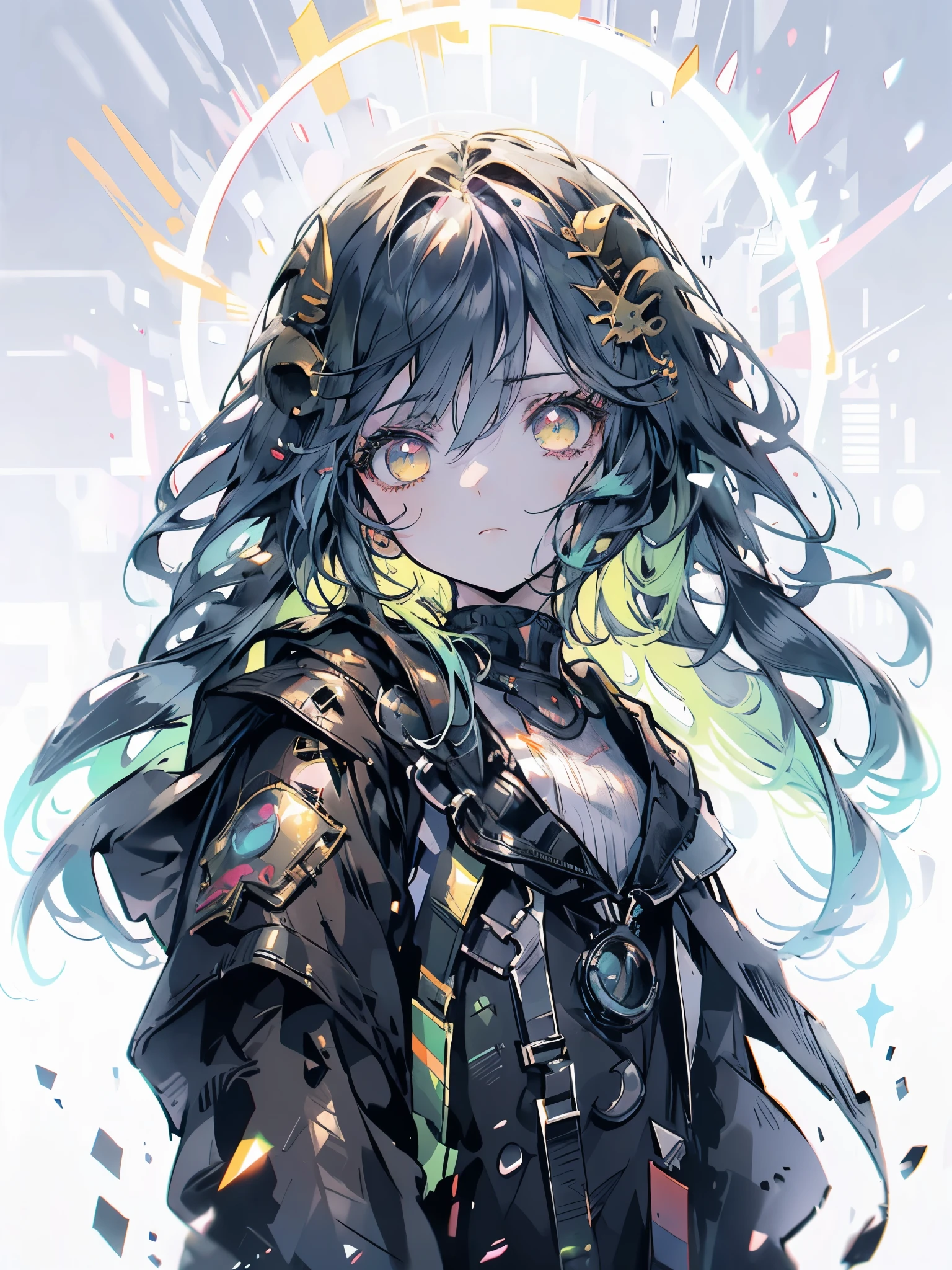 ((live 2D)) masterpiece, 1girl, full body, stands straight, steampunk clothes, military clothing, looking at viewer, detailed face, girl with green wavy hair, bangs, metal sheep horns, gradient hair, multicolored hair, light green hair, turquoise hair tips, wavy hair, gradient eyes, orange eyes, (simple background, white background: 1.3), big ass, thick ass, thick body