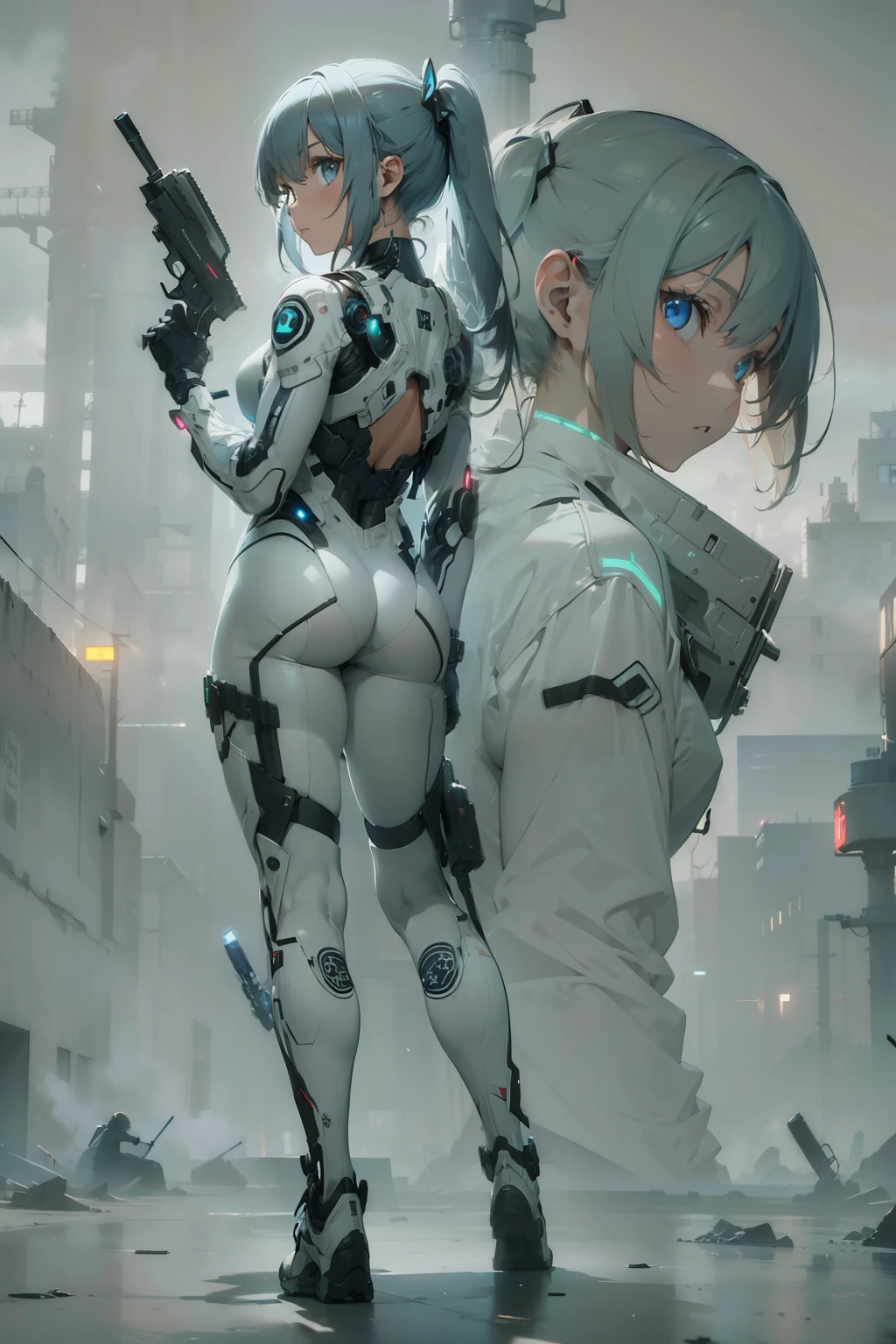 Girl from the back holding a futuristic gun, realistic and intricate beautiful face girl in realistic sci-fi plugsuit outfit in neon-lit, masterpiece, 4k, UHD, sharp focus, cinematic illumination, midnight aura, best quality